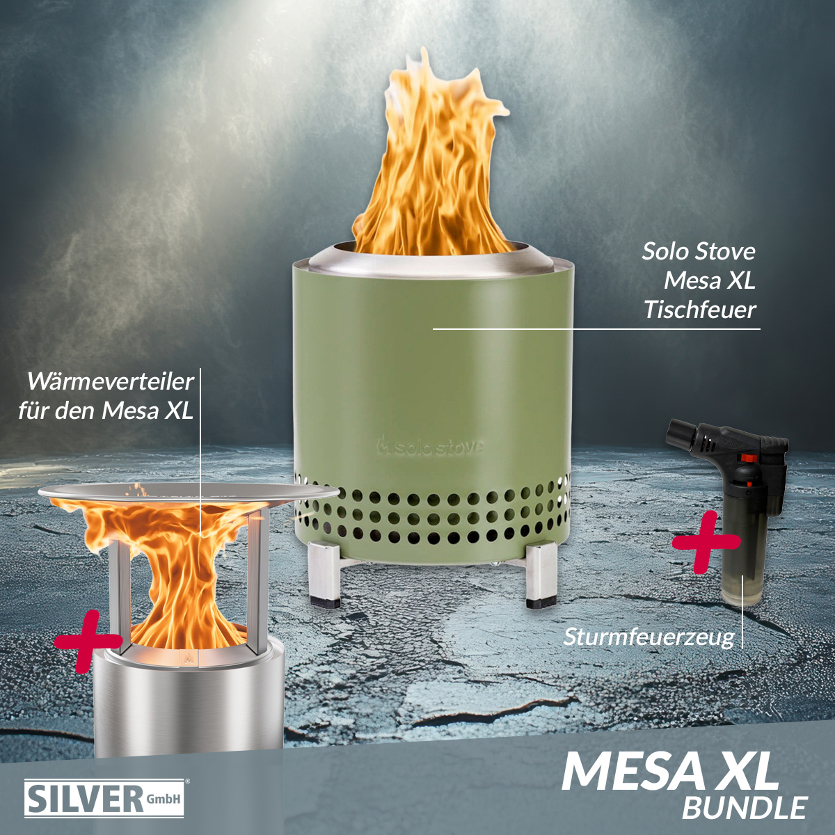 Solo Stove Mesa XL Tischfeuer Ø 17,8cm Tischkamin Outdoor Deep Olive & Mesa XL Wärmeverteiler