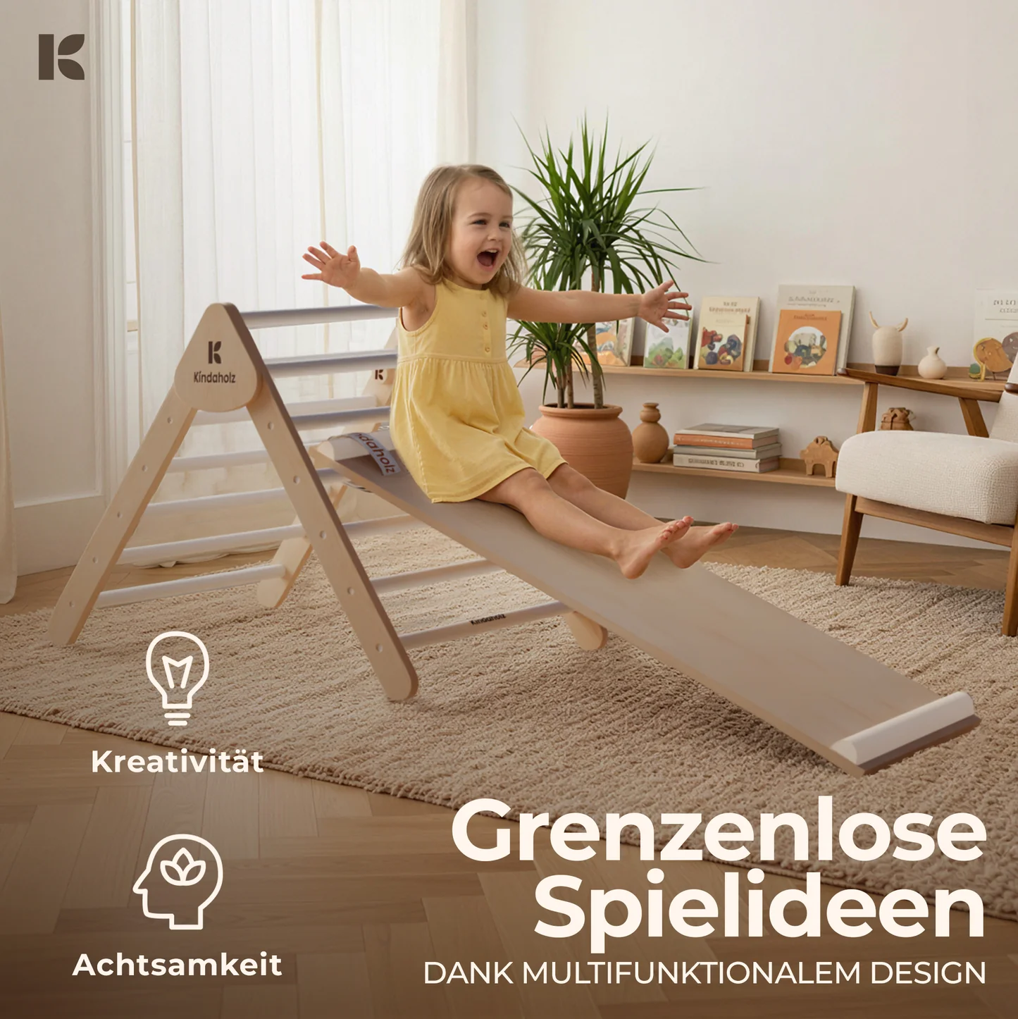 Kindaholz SAMI Kletterdreieck mit NINA Kletterbogen und MIKA Rutschrampe Weiß Indoor Kletterset aus FSC Holz von Kindaholz