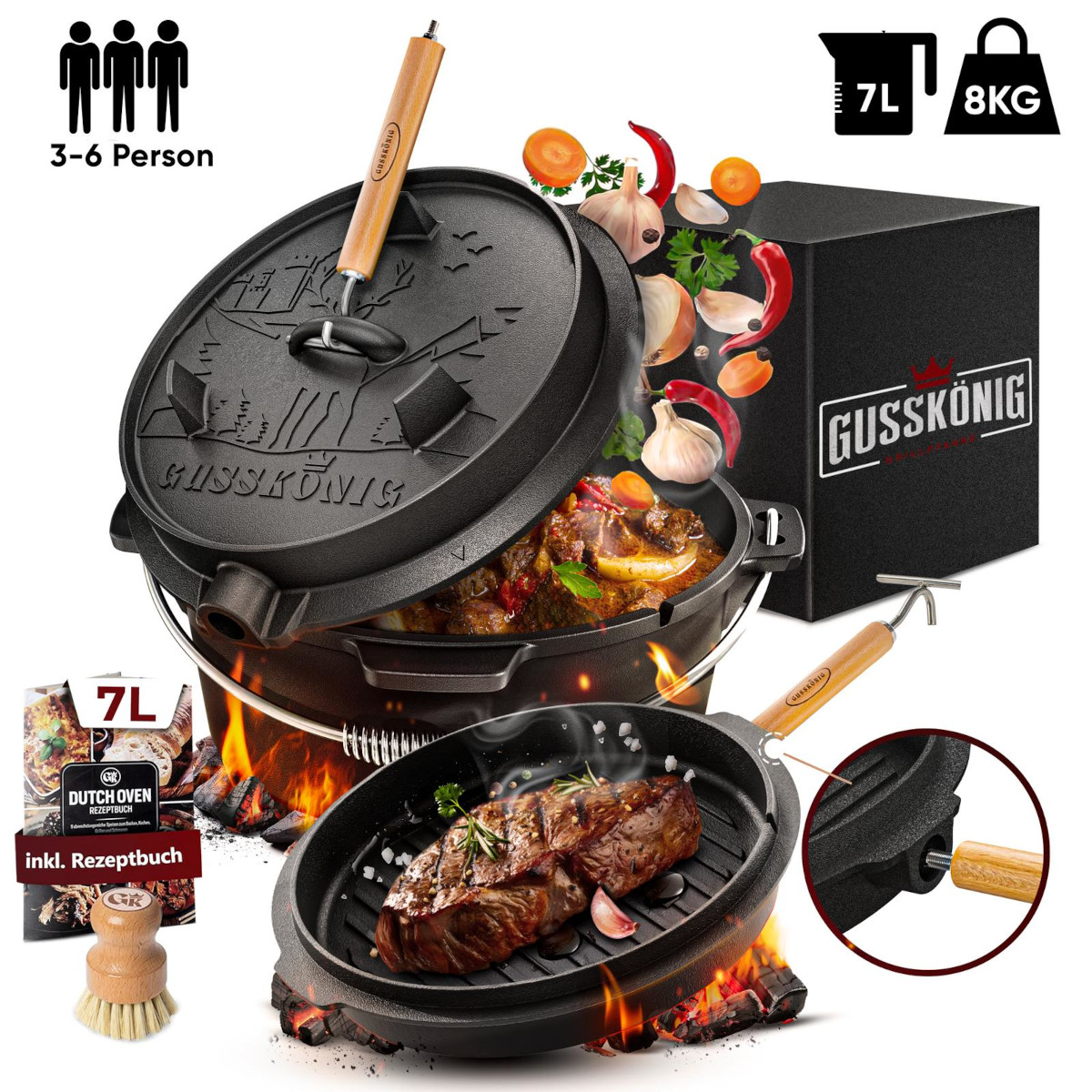 GUSSKÖNIG 7 Liter Dutch Oven Set mit Füße mit 2in1 Deckelheber von GUSSKÖNIG