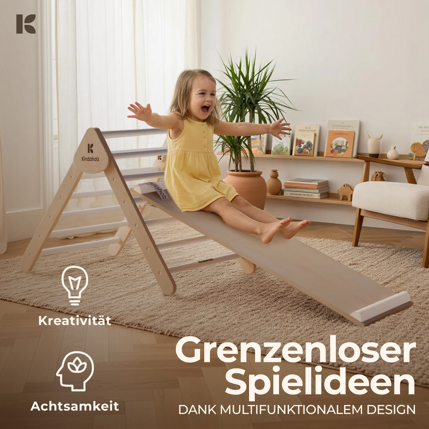 Kindaholz SAMI Kletterdreieck mit NOAH Rutschrampe Weiß Indoor Kletterset aus FSC Holz von Kindaholz