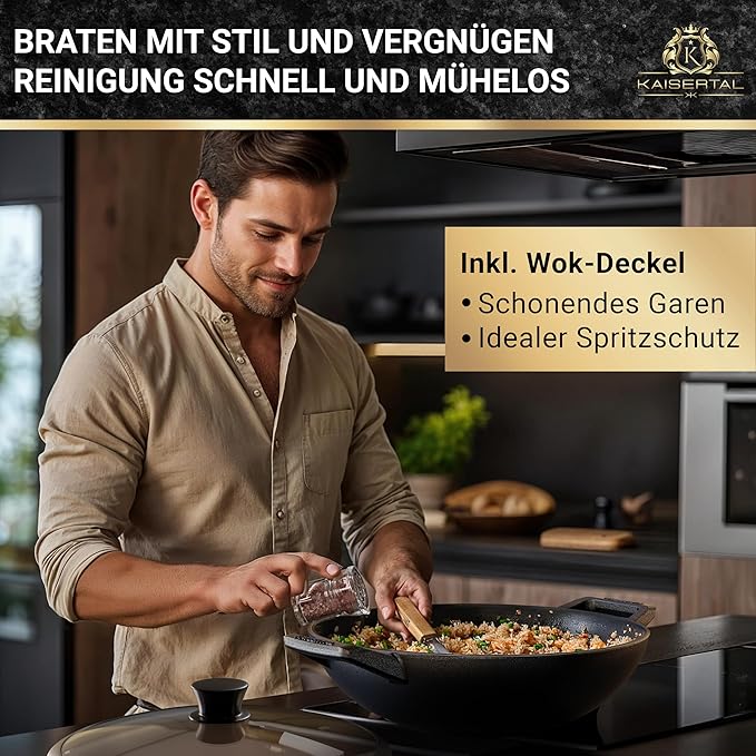 KAISERTAL Gusseisen Wok 33 cm Eingebrannt - mit Glasdeckel von KAISERTAL