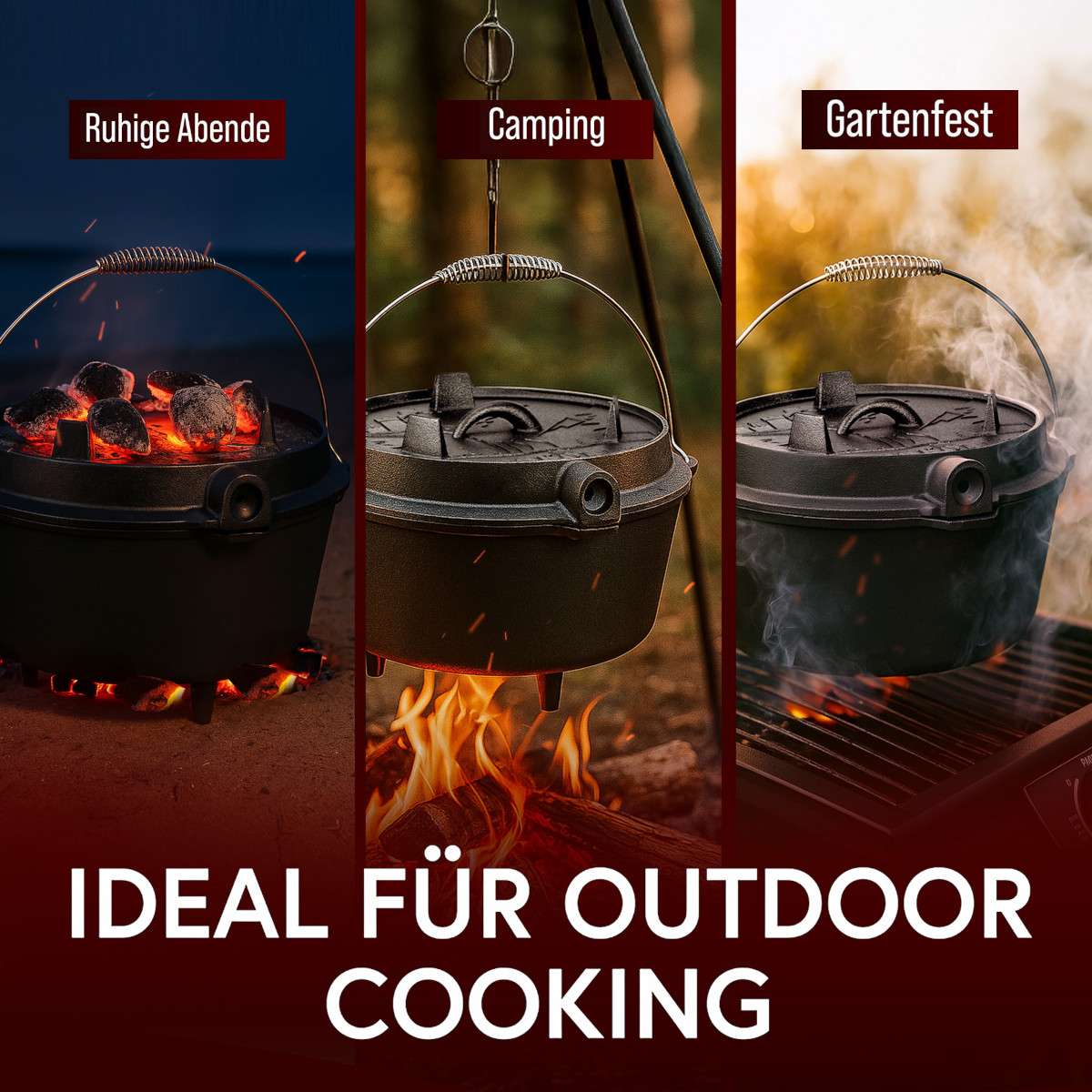 GUSSKÖNIG 4,5 Liter Dutch Oven Set mit Füßen | Eingebrannter Feuertopf | 2in1 Deckelheber | Bürste von GUSSKÖNIG