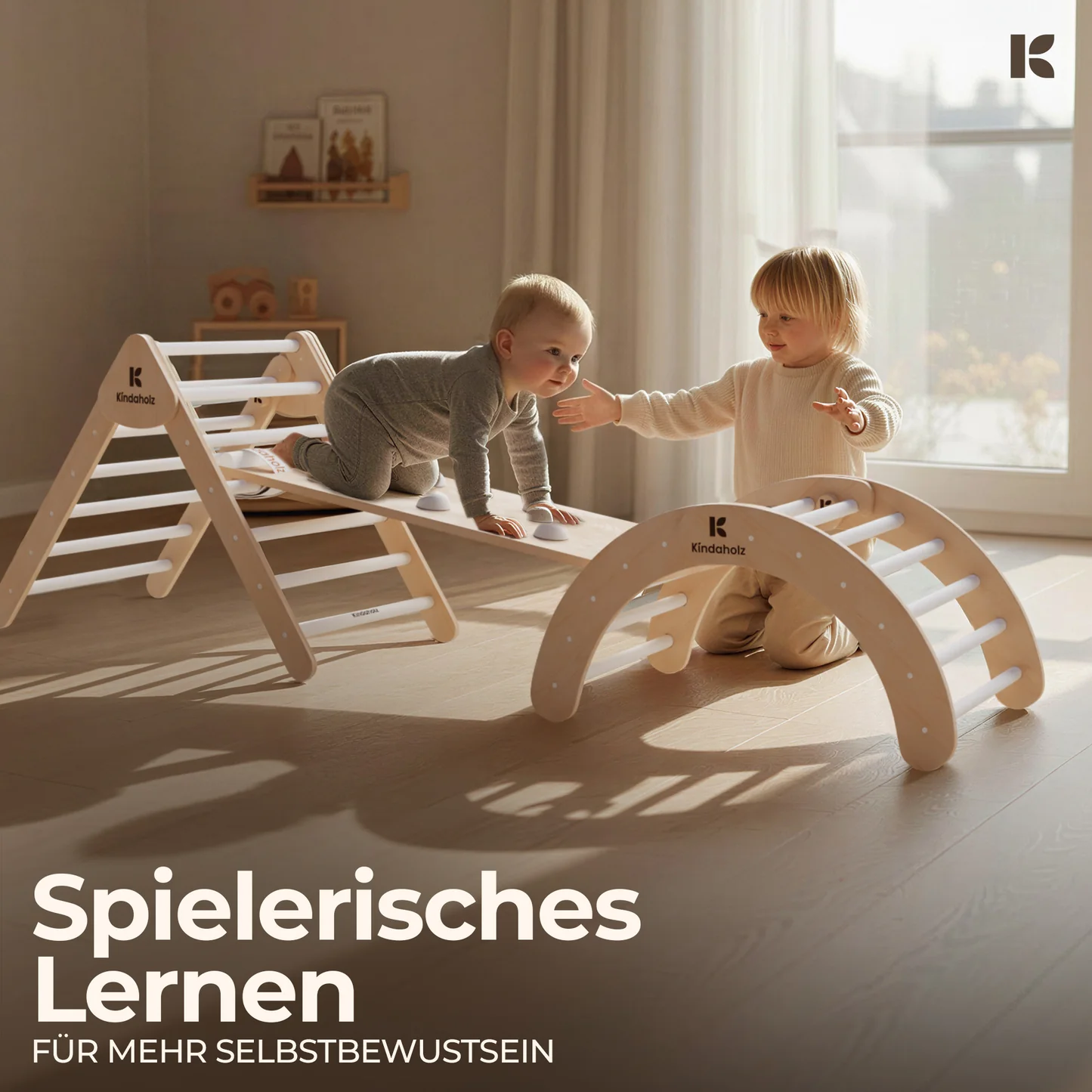 Kindaholz SAMI Kletterdreieck mit NINA Kletterbogen und MIKA Rutschrampe Weiß Indoor Kletterset aus FSC Holz von Kindaholz