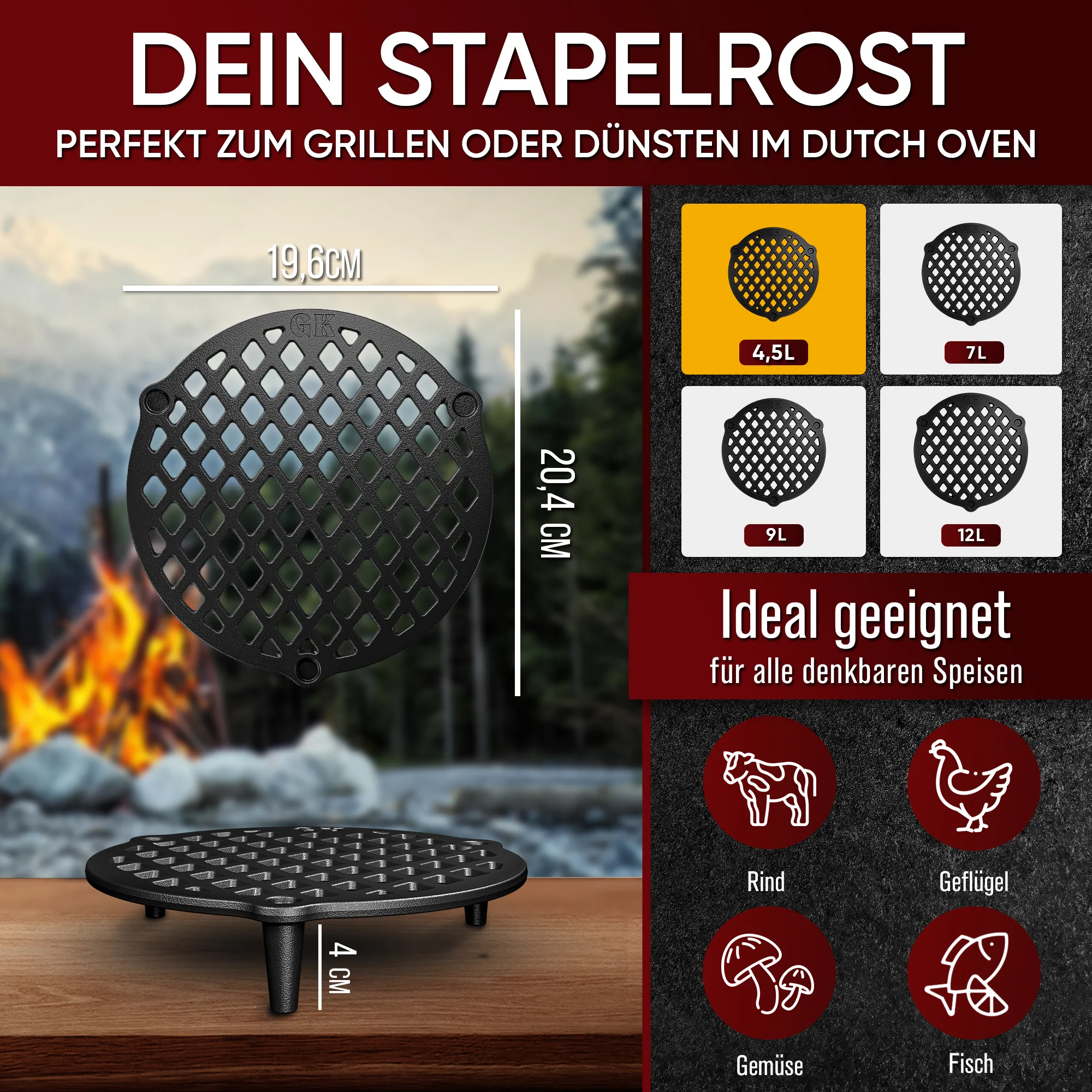 GUSSKÖNIG Gusseisen Stapelrost für Dutch Oven 4,5 Liter Ø 20cm von GUSSKÖNIG