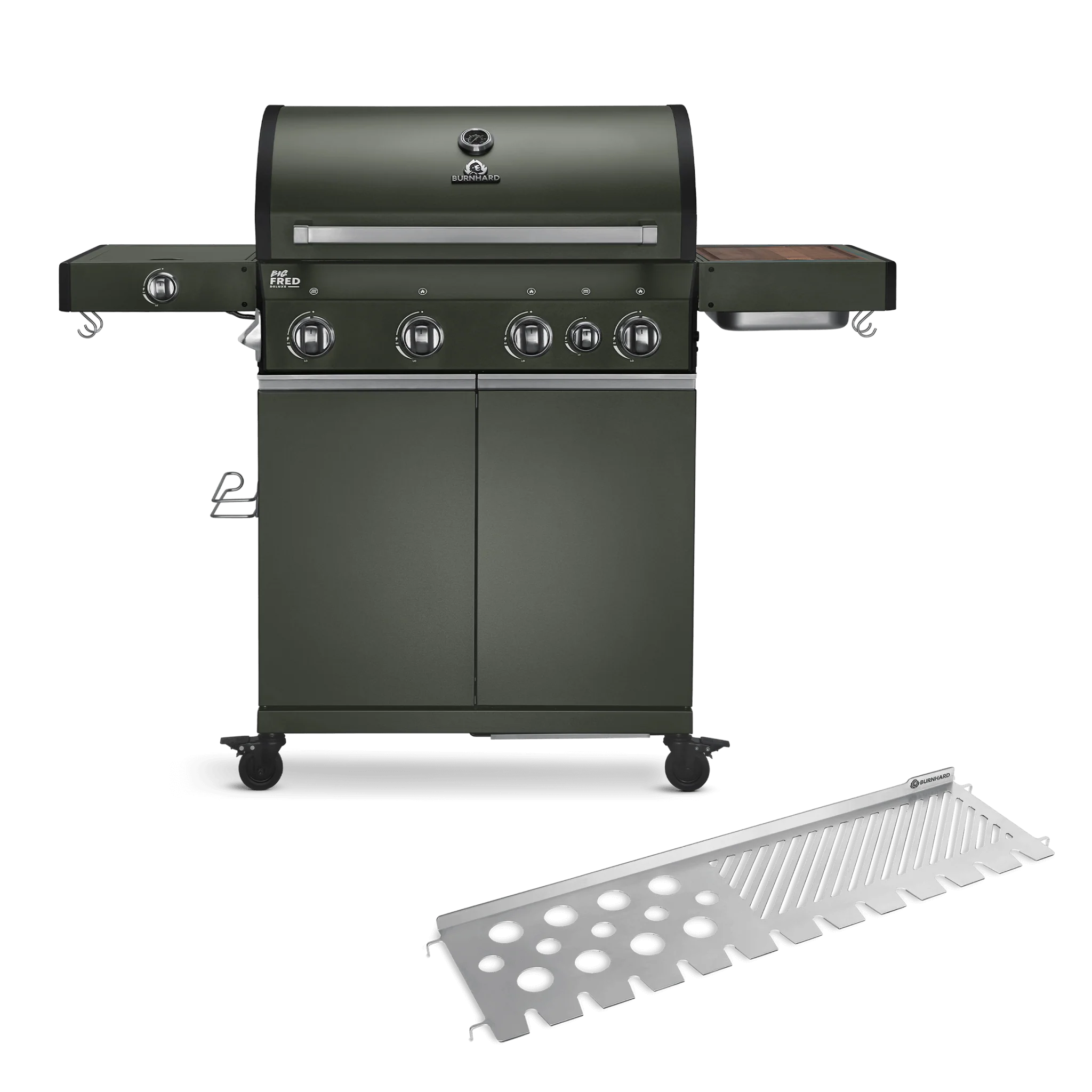 BURNHARD Big FRED Deluxe Gasgrill 4-Brenner in der Farbe Grün mit Gusseisenrost von BURNHARD
