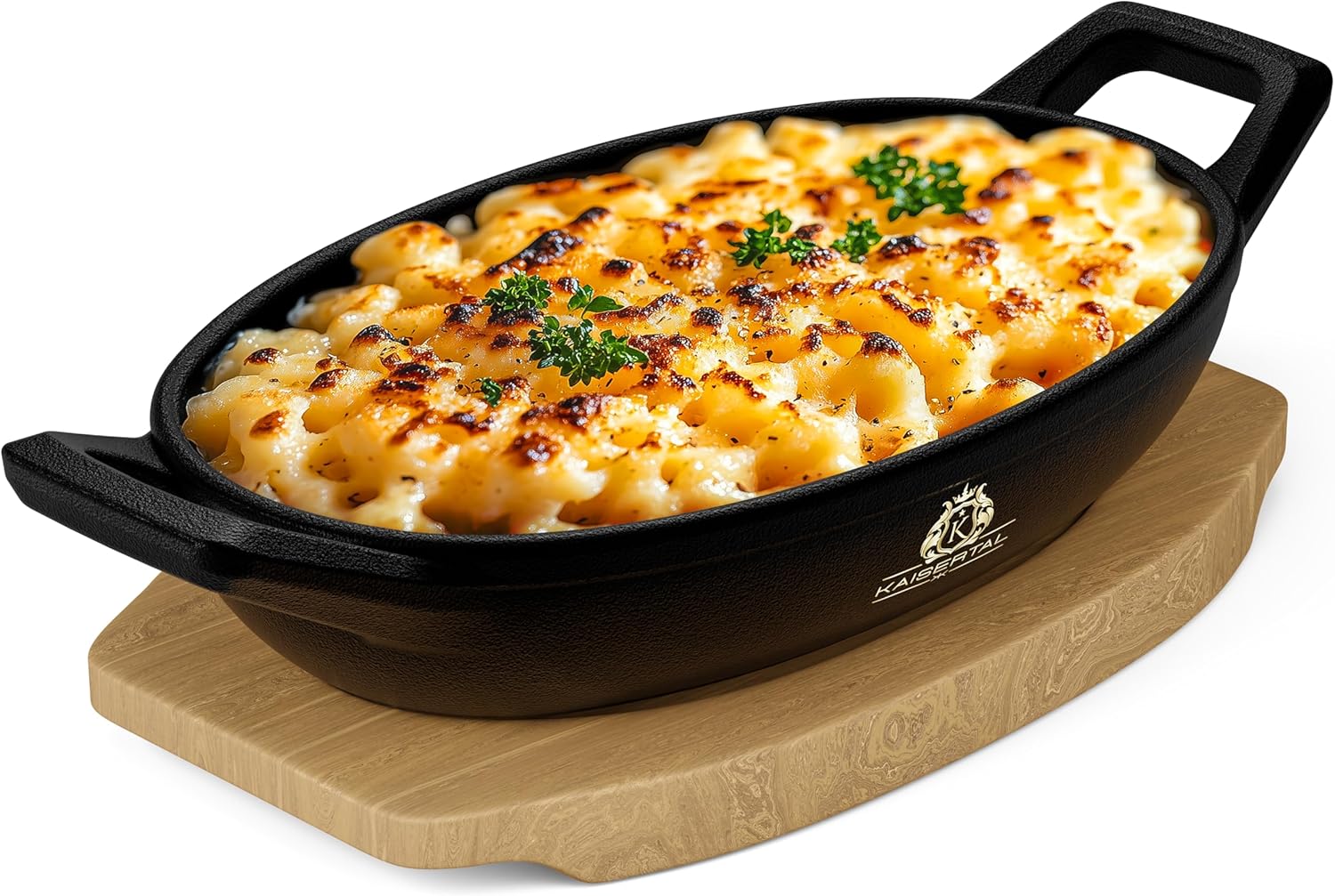 KAISERTAL Servierpfanne Gusseisen Oval 15x10 cm - Pfanne mit 2 Griffen & Holzuntersetzer von KAISERTAL