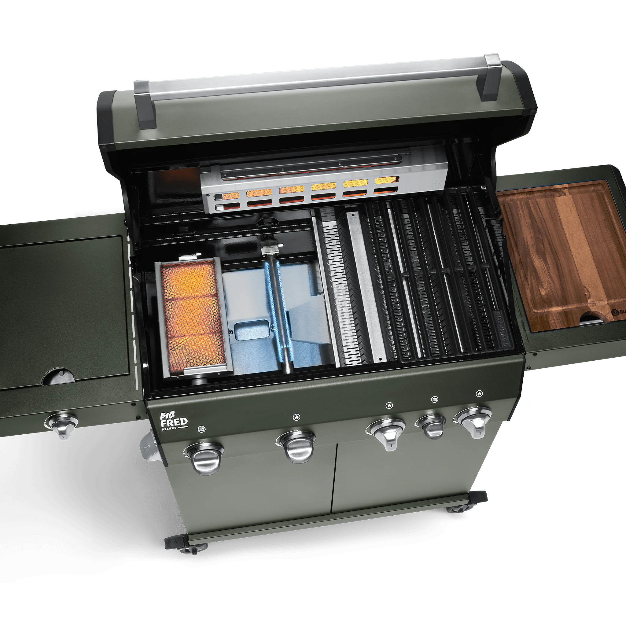 BURNHARD Big FRED Deluxe Gasgrill 4-Brenner in der Farbe Grün mit Gusseisenrost von BURNHARD