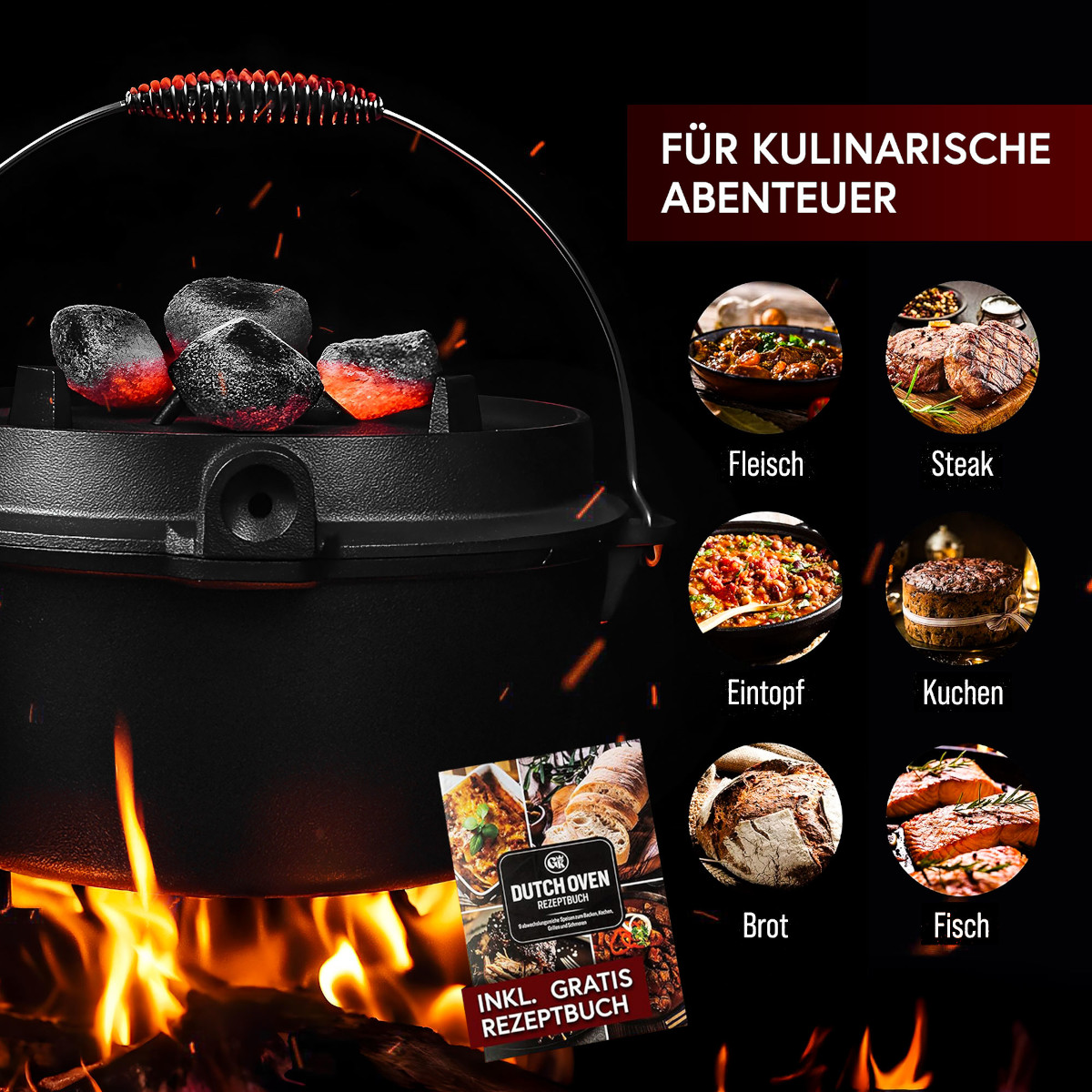 GUSSKÖNIG 12 Liter Dutch Oven Set ohne Füße mit 2in1 Deckelheber von GUSSKÖNIG