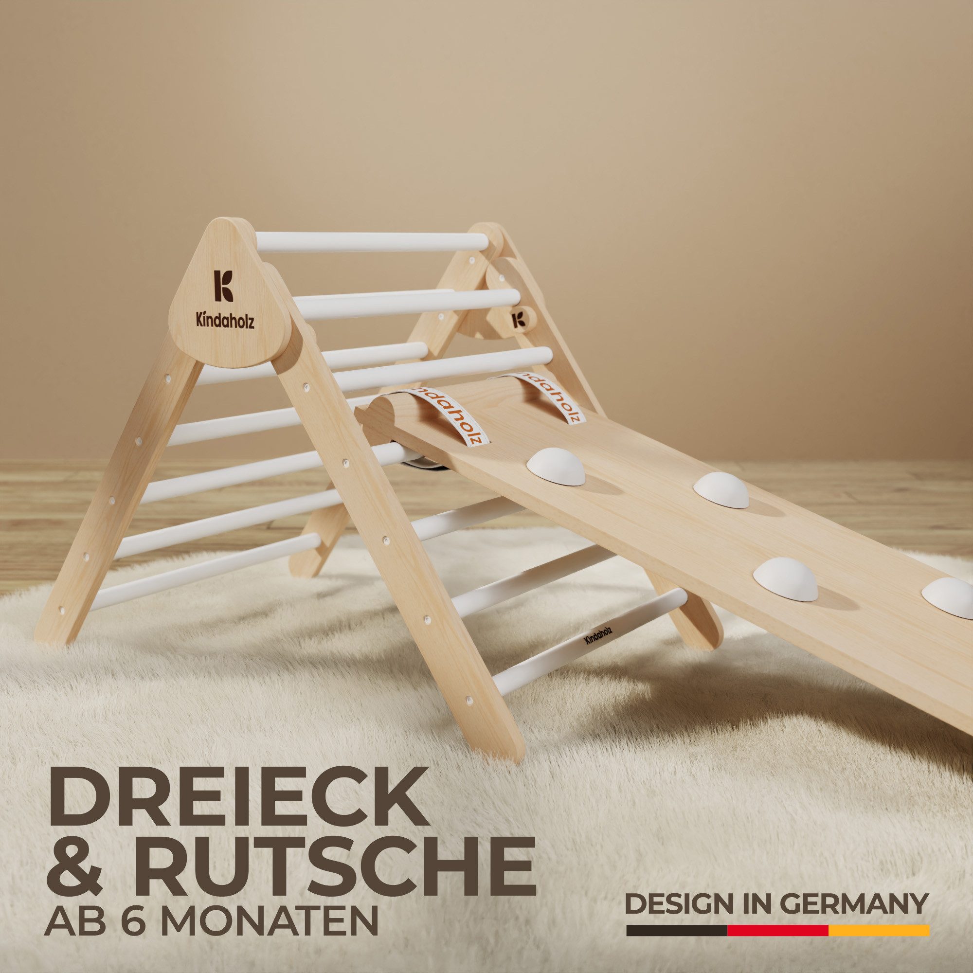 Kindaholz SAMI Kletterdreieck mit NOAH Rutschrampe Weiß Indoor Kletterset aus FSC Holz