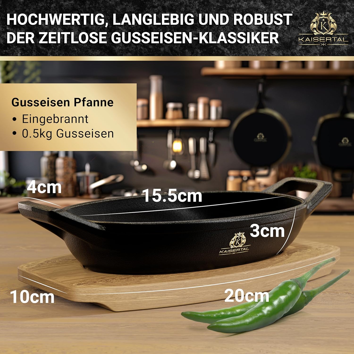 KAISERTAL Servierpfanne Gusseisen Oval 15x10 cm - Pfanne mit 2 Griffen & Holzuntersetzer von KAISERTAL