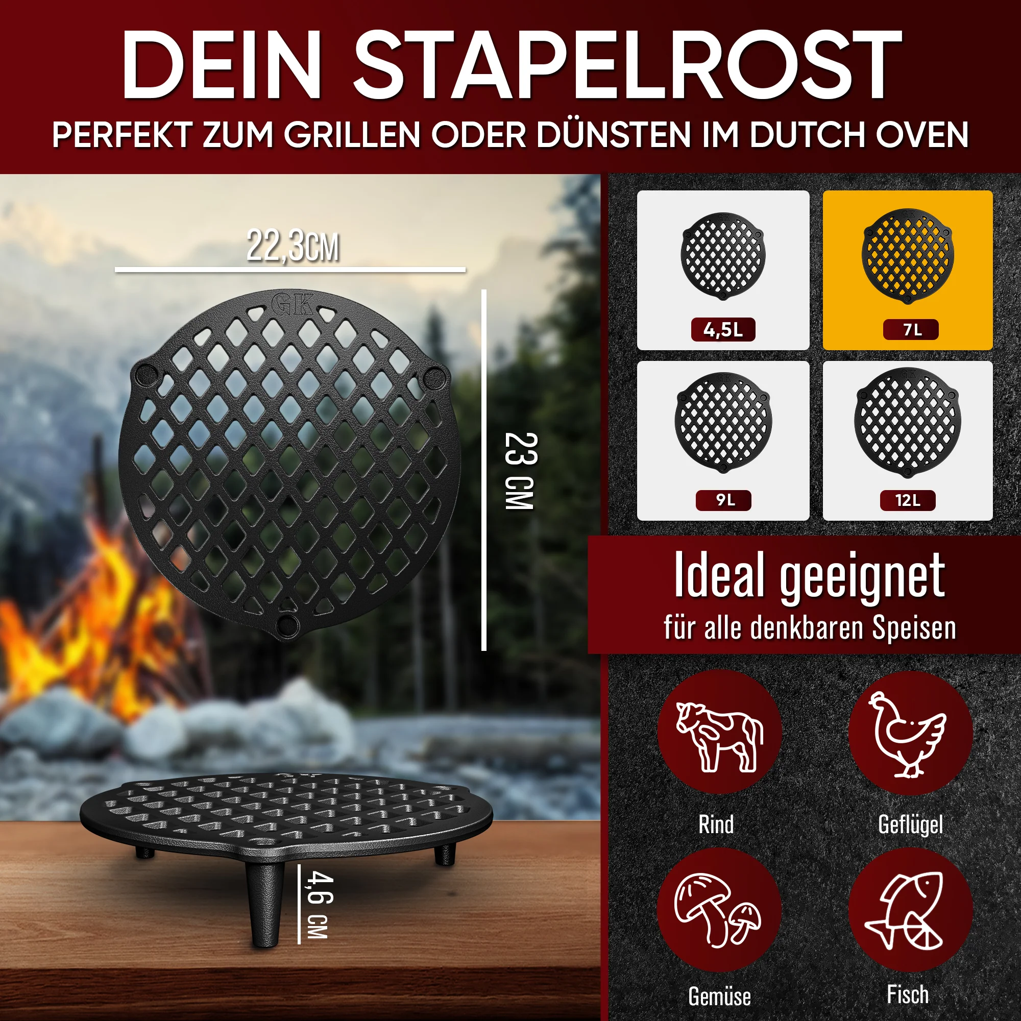 GUSSKÖNIG Gusseisen Stapelrost für Dutch Oven 7 Liter Ø 23cm von GUSSKÖNIG
