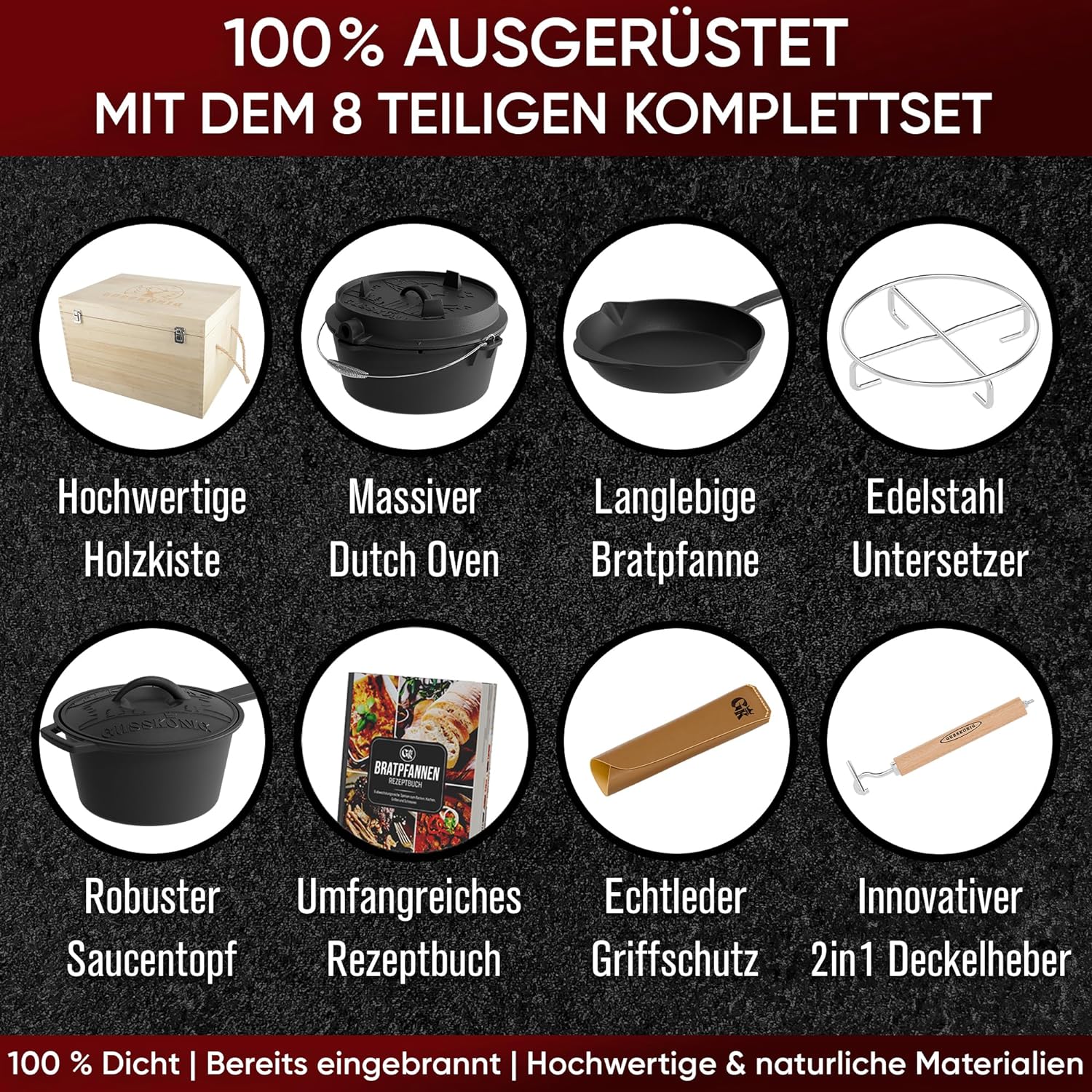 GUSSKÖNIG Dutch Oven Set 8-teilig - bereits eingebranntes Gusseisen Topf Set  von GUSSKÖNIG