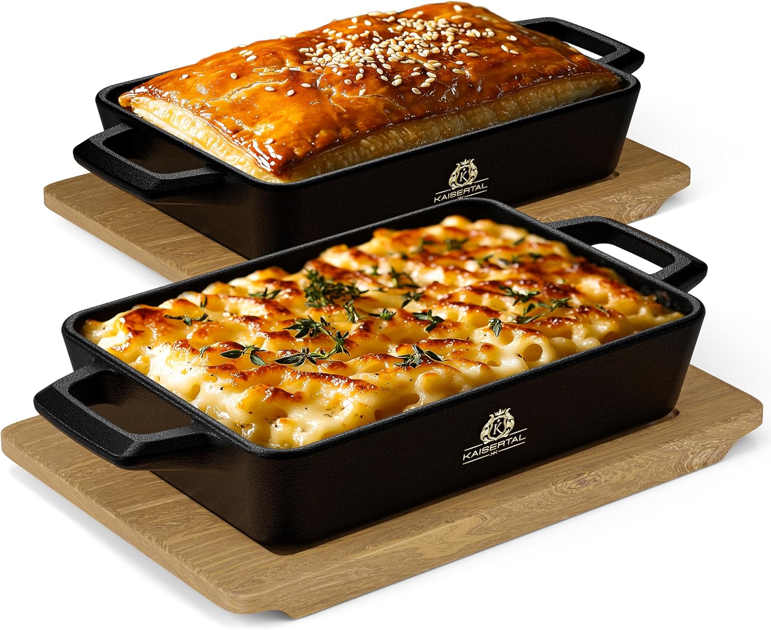 KAISERTAL 2er Set Servierpfanne Gusseisen Quadratisch 16x11 cm - Pfanne mit 2 Griffen & Holzuntersetzer von KAISERTAL
