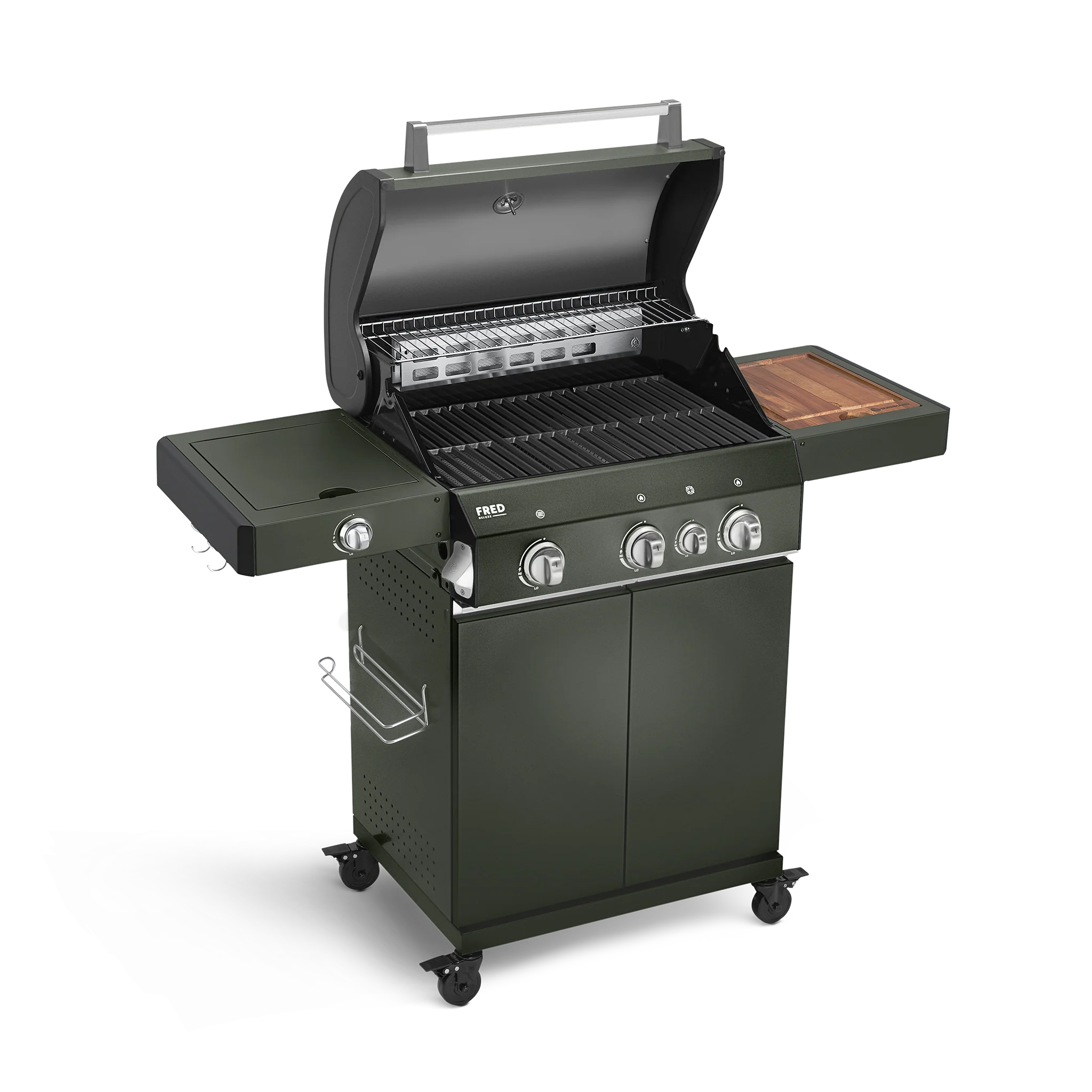 BURNHARD FRED Deluxe Gasgrill 3-Brenner in der Farbe Grün mit Gusseisenrost von BURNHARD