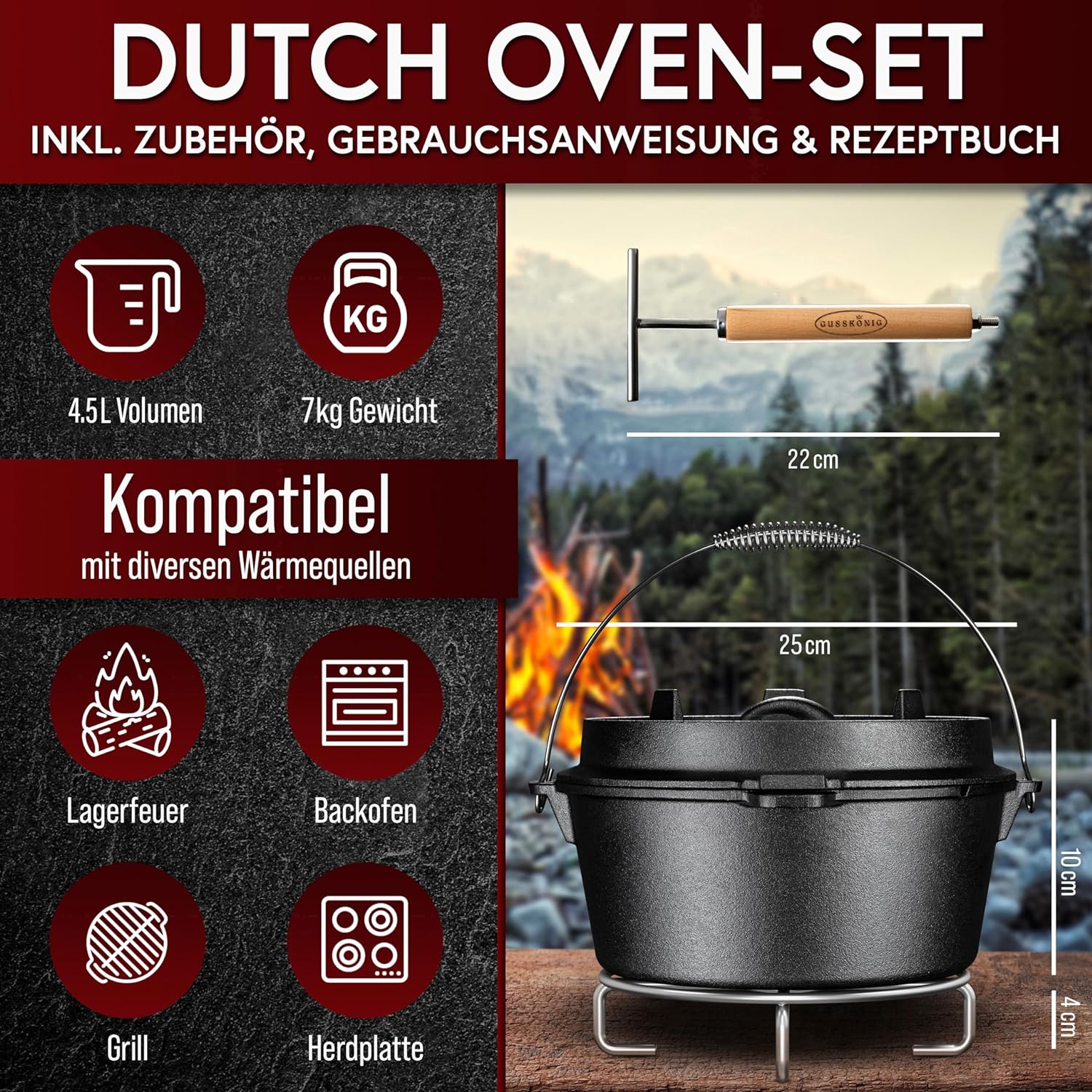 GUSSKÖNIG Dutch Oven Set 8-teilig - bereits eingebranntes Gusseisen Topf Set  von GUSSKÖNIG