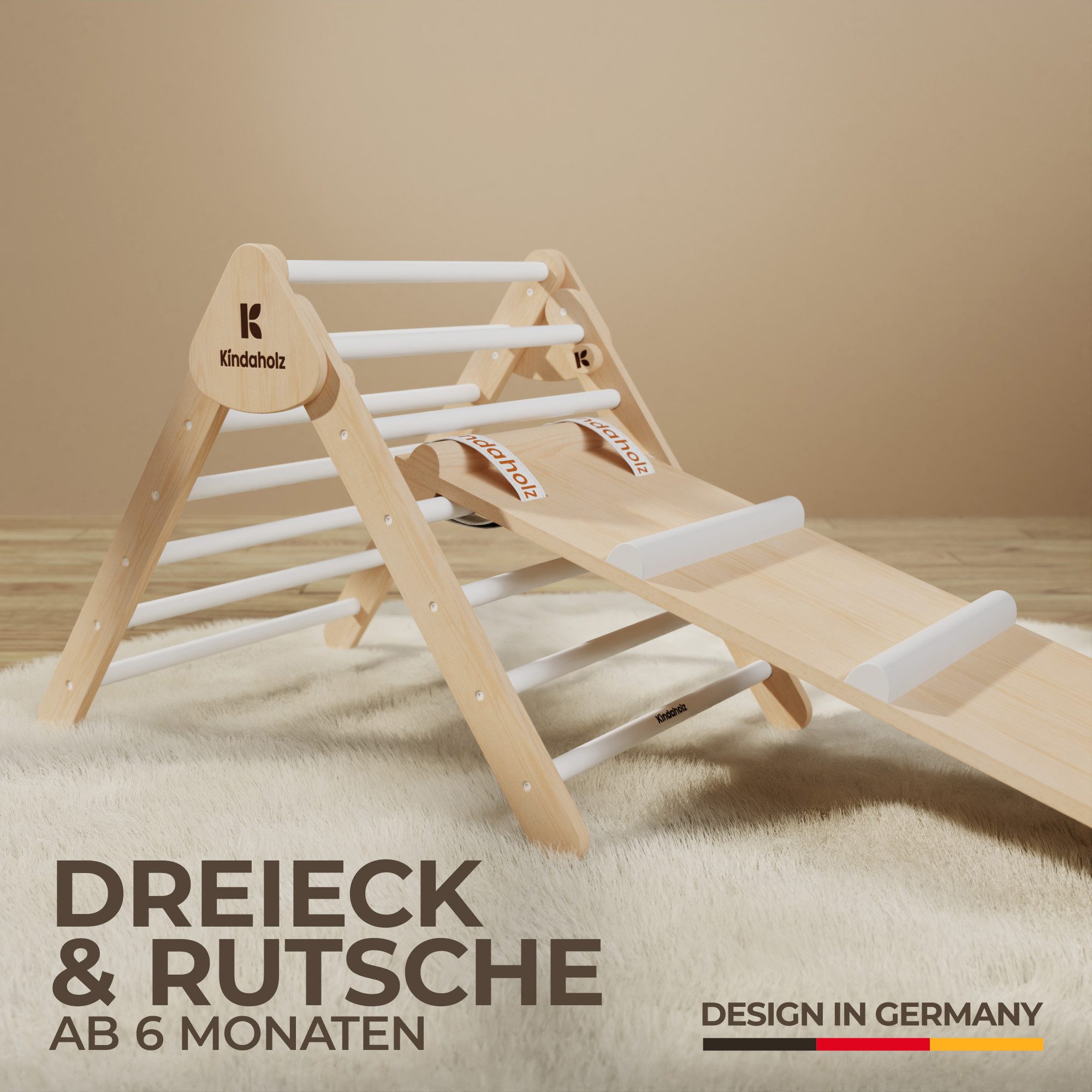 Kindaholz SAMI Kletterdreieck mit MIKA Rutschrampe Weiß Indoor Kletterset aus FSC-Holz