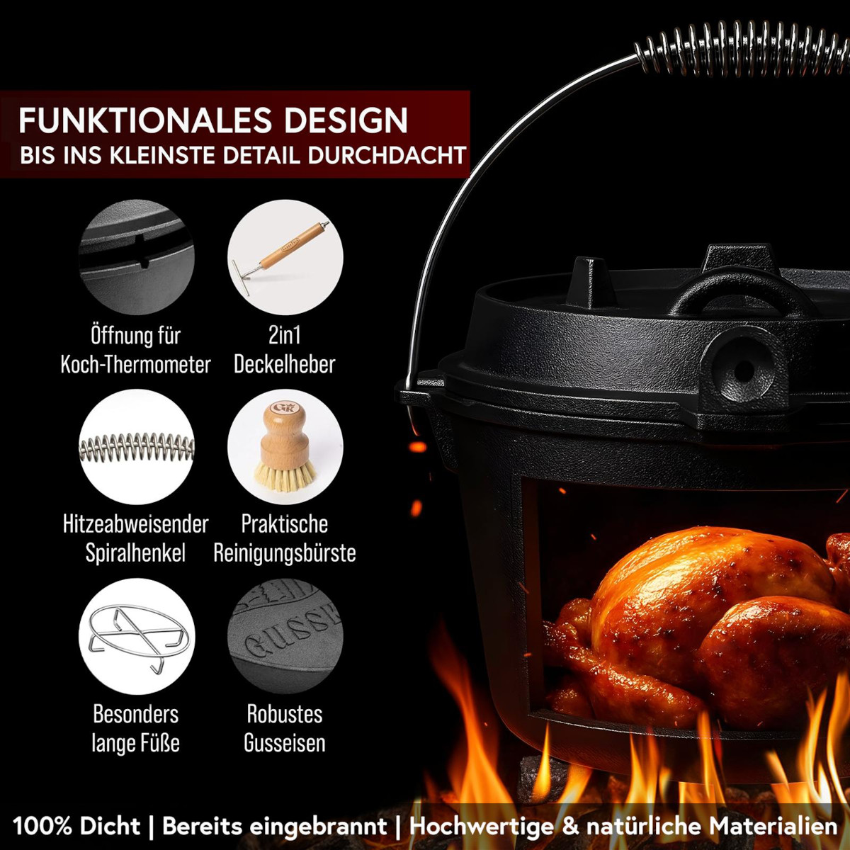 GUSSKÖNIG 9 Liter Dutch Oven Set ohne Füße mit 2in1 Deckelheber von GUSSKÖNIG