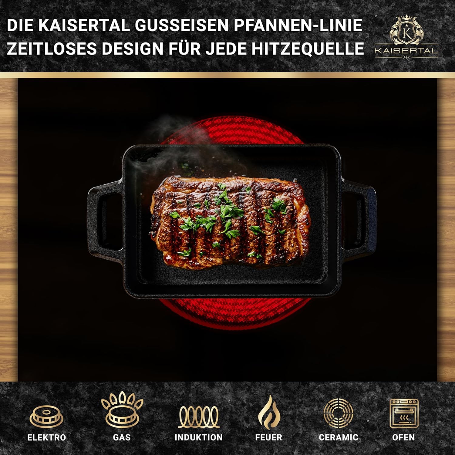 KAISERTAL 2er Set Servierpfanne Gusseisen Quadratisch 16x11 cm - Pfanne mit 2 Griffen & Holzuntersetzer von KAISERTAL