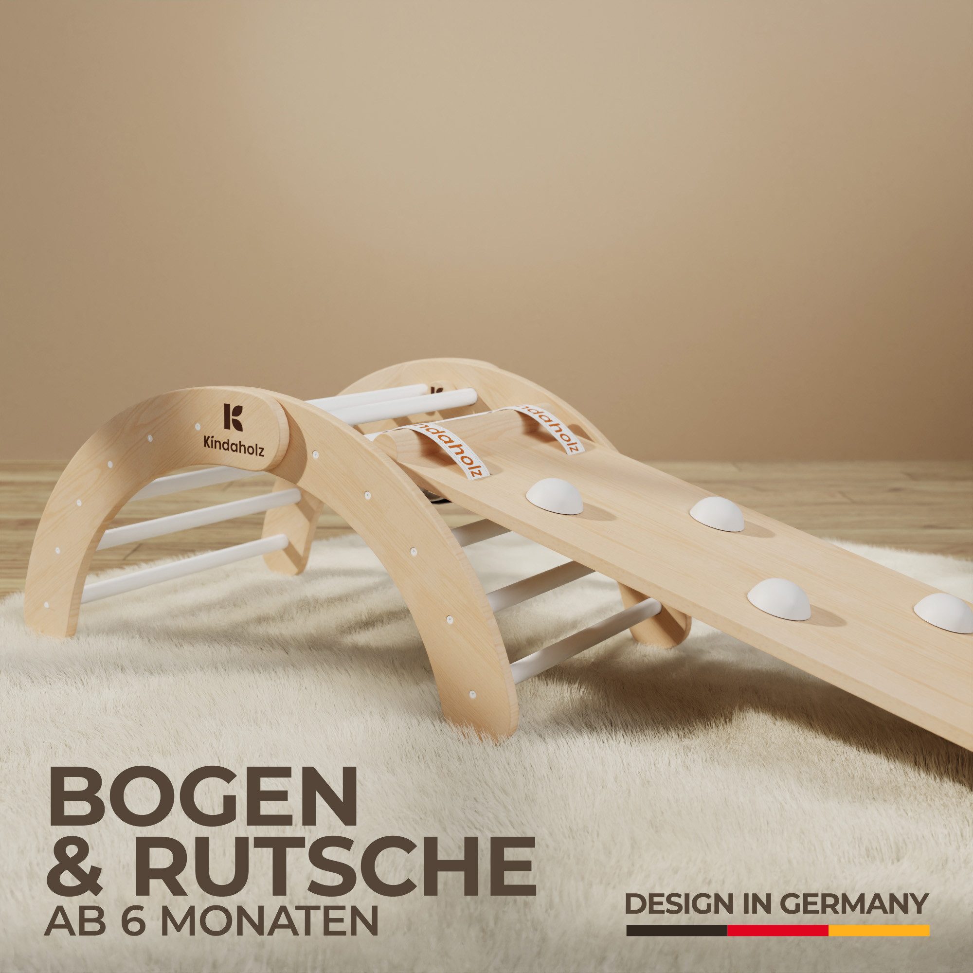 Kindaholz NINA Kletterbogen mit NOAH Rutschrampe Weiß Indoor Kletterset aus FSC Holz