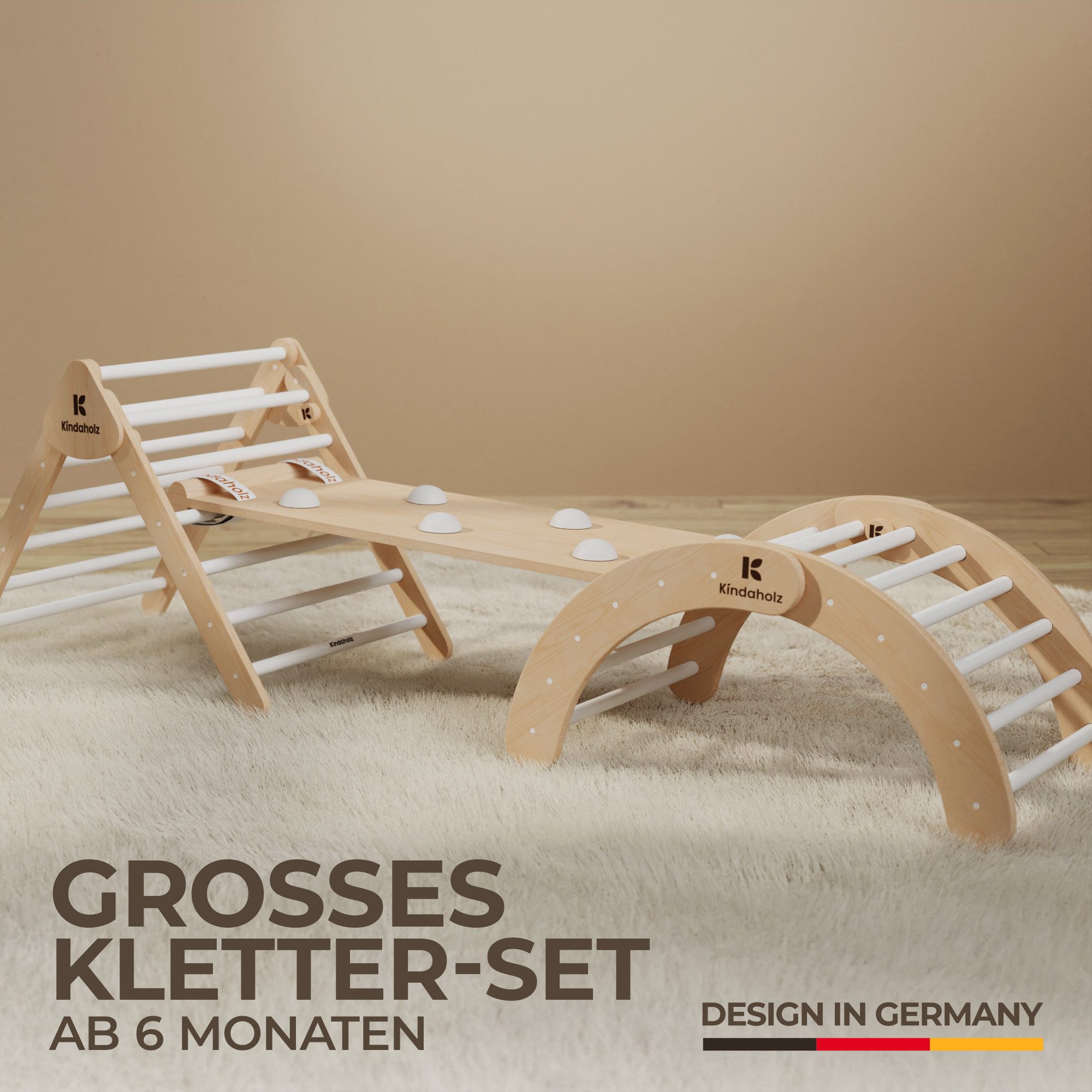 Kindaholz SAMI Kletterdreieck mit NINA Kletterbogen und NOAH Rutschrampe Weiß Indoor Kletterset aus FSC Holz