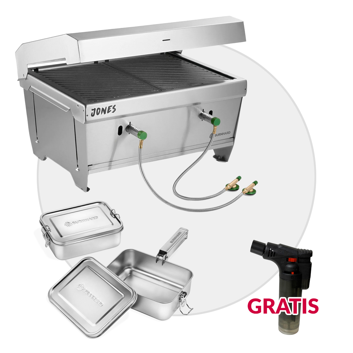 BURNHARD JONES Campinggrill 2 Brenner + 2x 1,2 Liter Edelstahl Kochgeschirr Set
