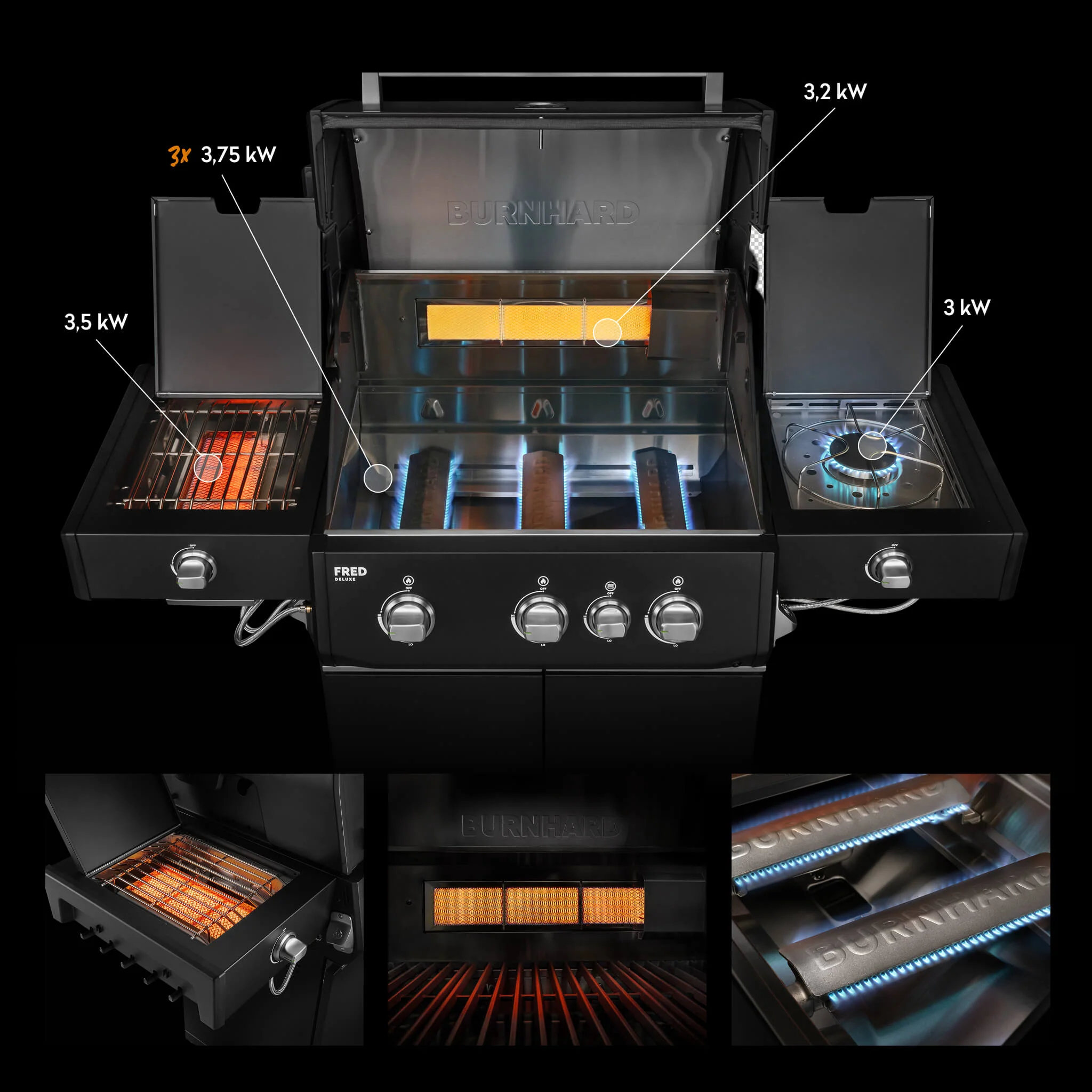 BURNHARD FRED Deluxe Plus Gasgrill 3 Brenner Series 4 Black Edition Maximale BBQ Power 20,95 kW Premium Ausstattung von BURNHARD