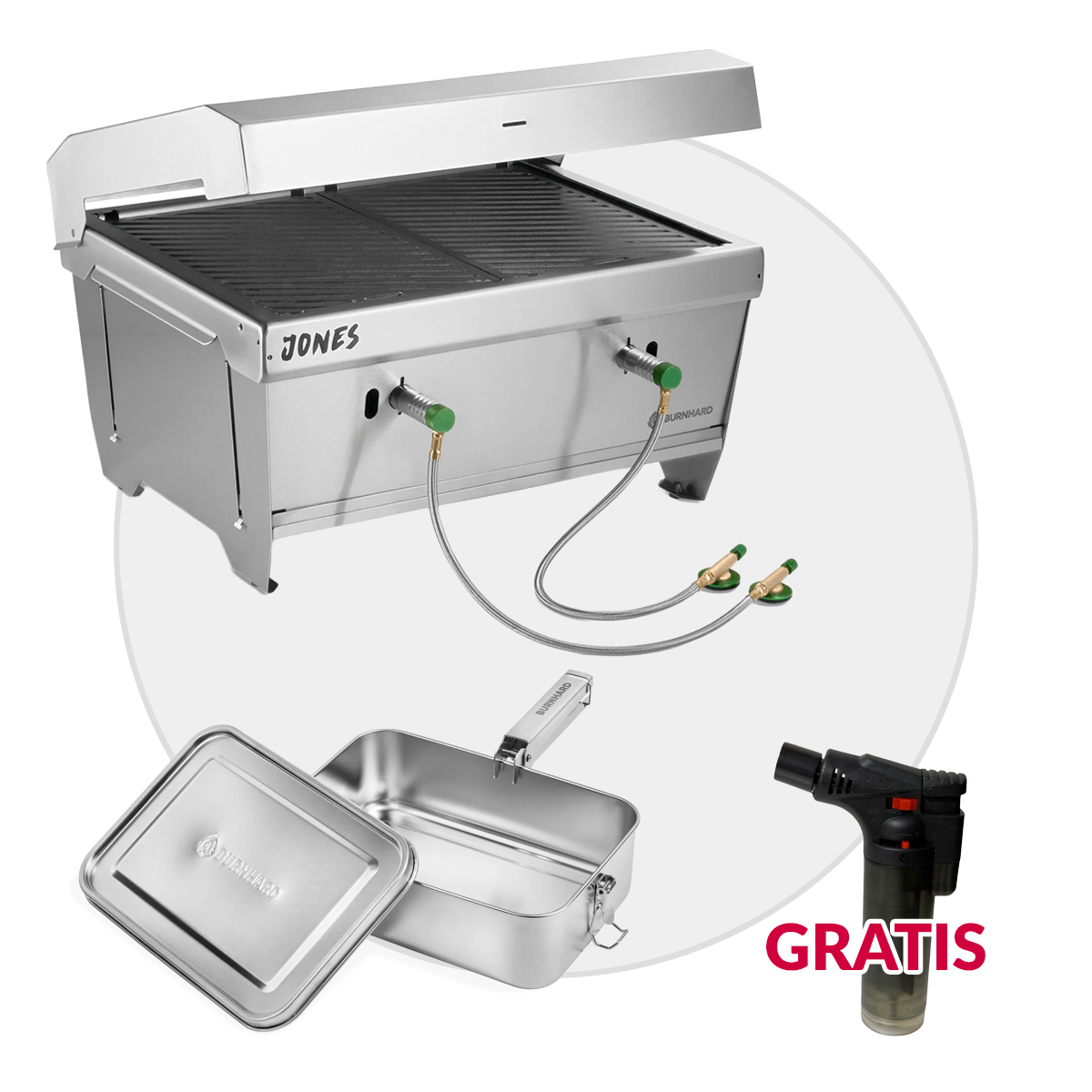 BURNHARD JONES Campinggrill 2 Brenner + 2,4 Liter Edelstahl Kochgeschirr