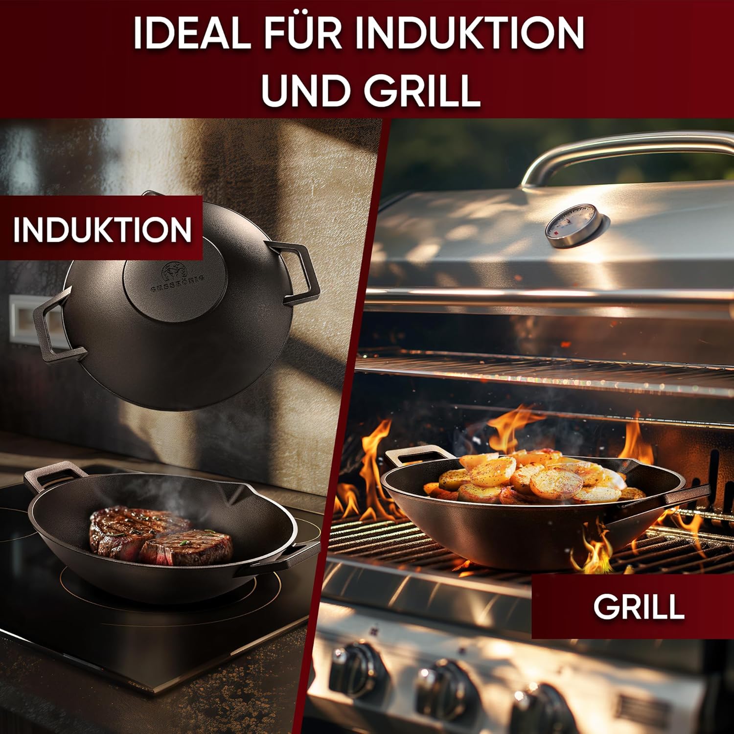 GUSSKÖNIG Gusseisen Wok Pfanne - 36 cm robuste Wokpfanne inklusive Edelstahl Ringreiniger & Grillhandschuhe von GUSSKÖNIG
