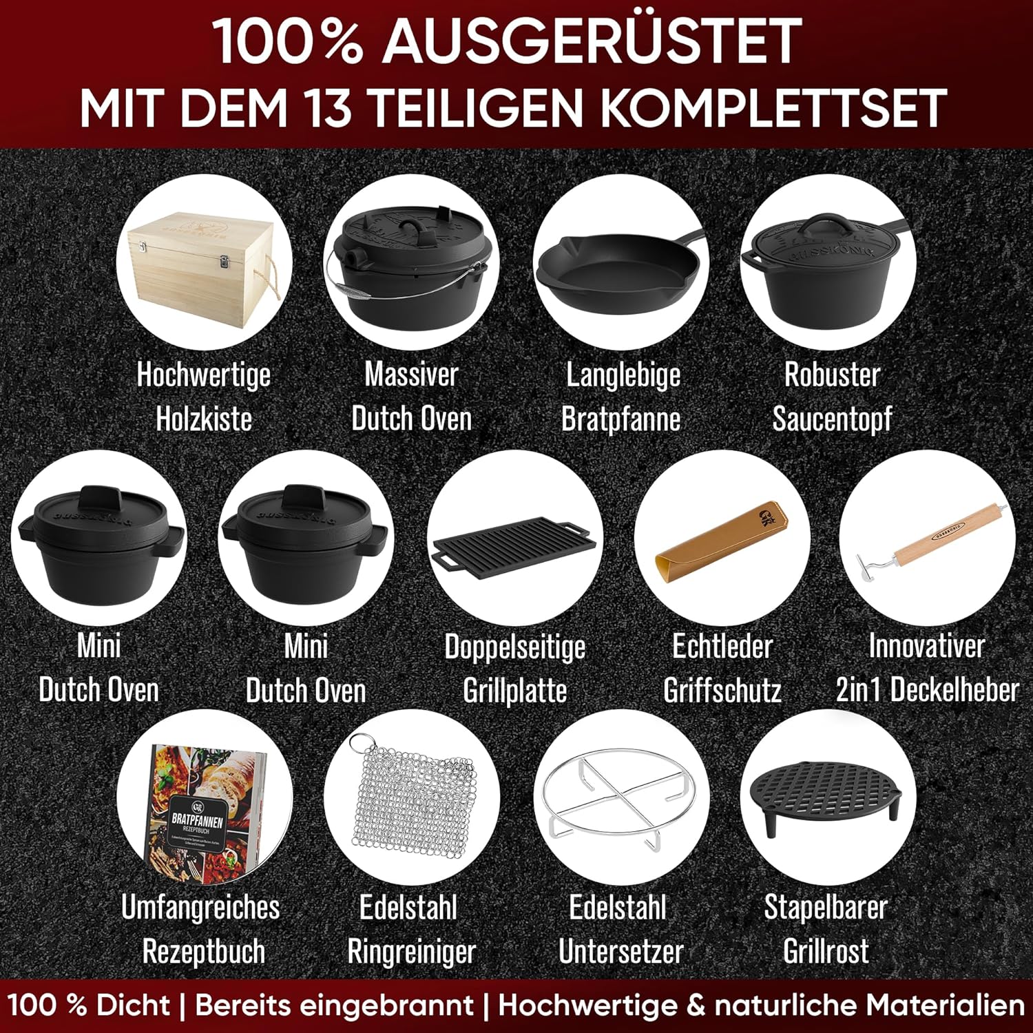 GUSSKÖNIG Dutch Oven Set 13-teilig - bereits eingebranntes Gusseisen Topf Set von GUSSKÖNIG GUSSKÖNIG Dutch Oven Set 13-teilig - bereits eingebranntes Gusseisen Topf Set von GUSSKÖNIG