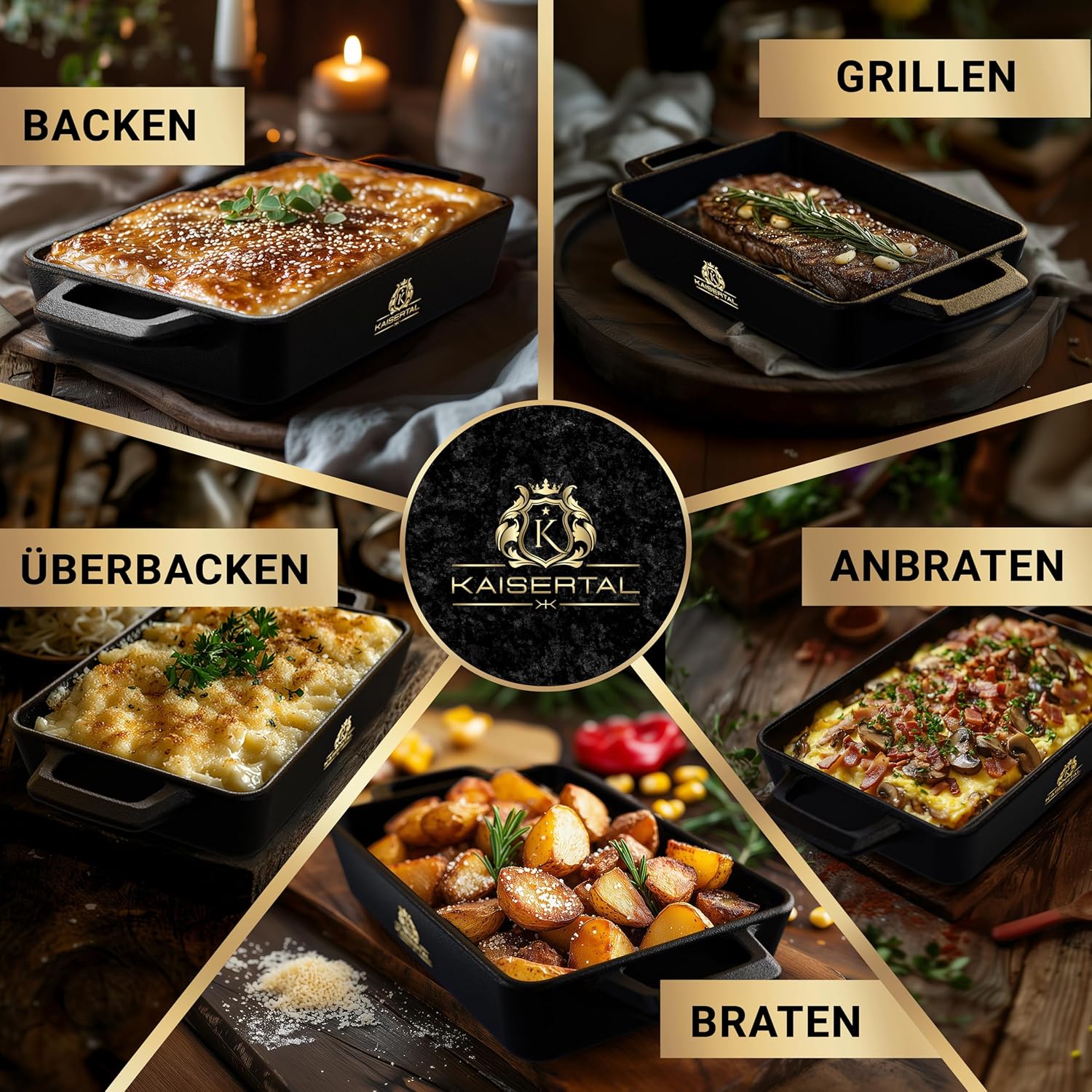 KAISERTAL 2er Set Servierpfanne Gusseisen Quadratisch 16x11 cm - Pfanne mit 2 Griffen & Holzuntersetzer von KAISERTAL