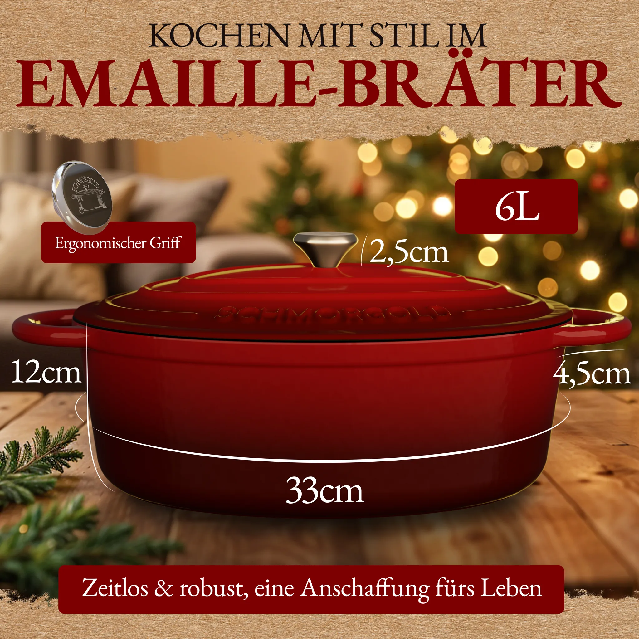 SCHMORGOLD Bräter XL mit Deckel aus emailliertem Gusseisen oval - 33 cm - 6 Liter von SCHMORGOLD