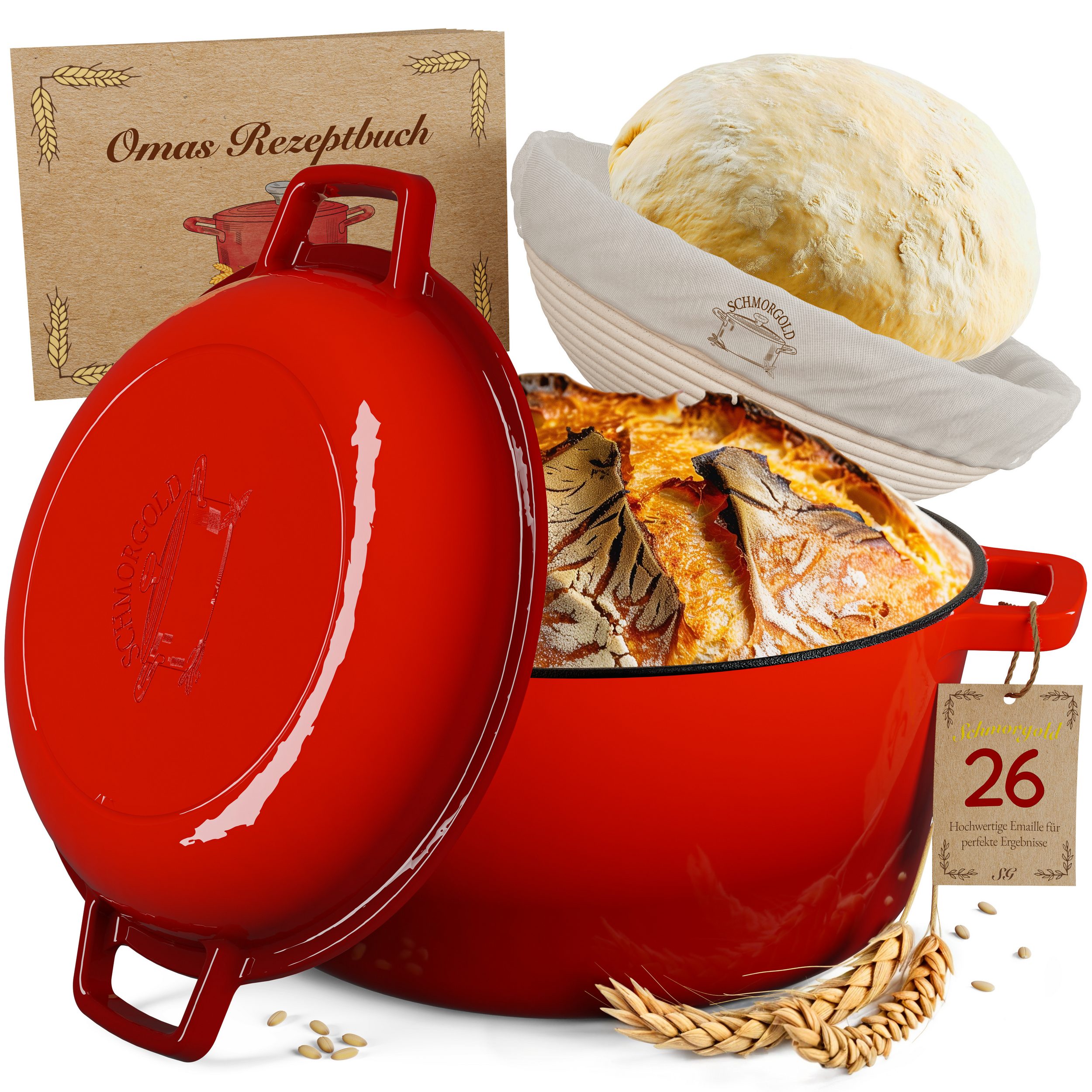 SCHMORGOLD Brotbacktopf & Schmortopf aus emailliertem Gusseisen & Gärkorb - 26 cm grifflos