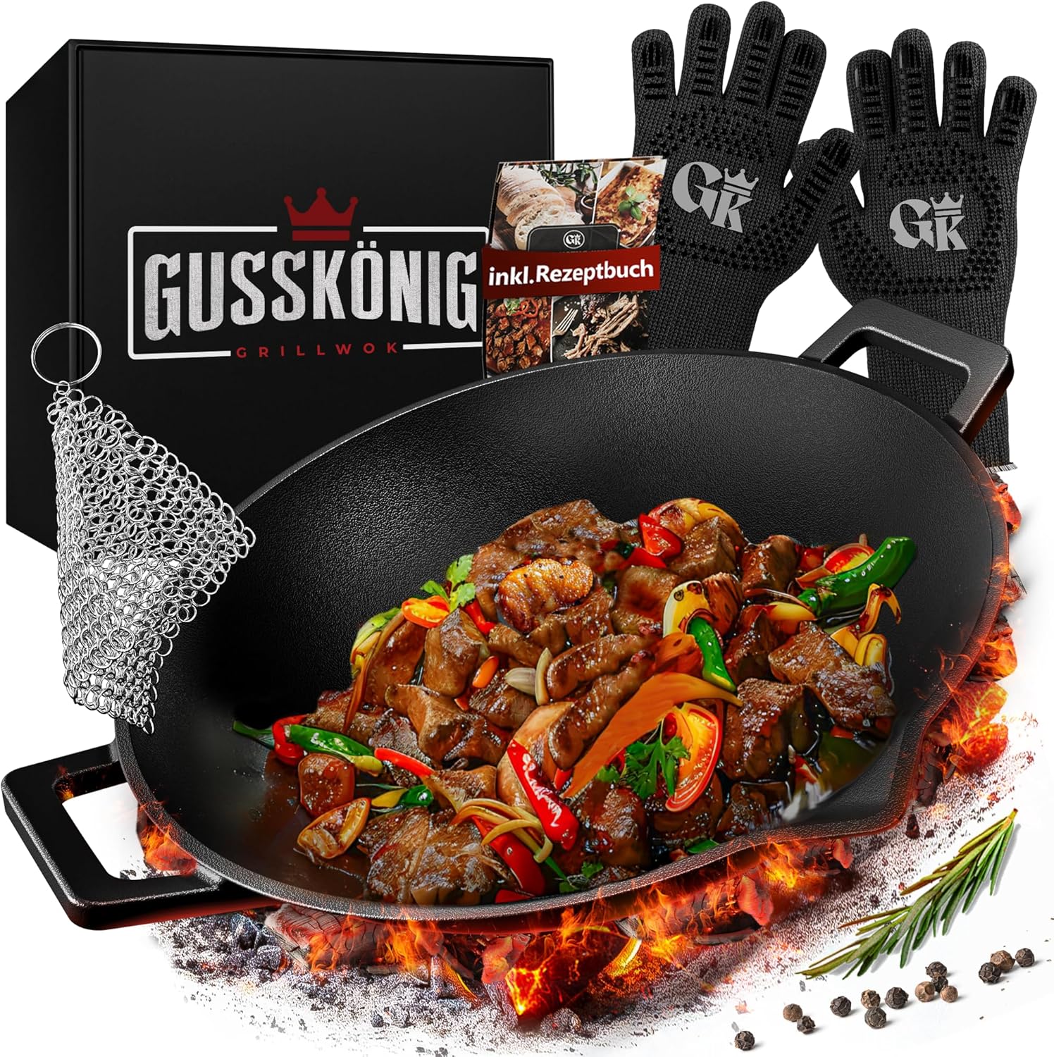 GUSSKÖNIG Gusseisen Wok Pfanne - 36 cm robuste Wokpfanne inklusive Edelstahl Ringreiniger & Grillhandschuhe von GUSSKÖNIG