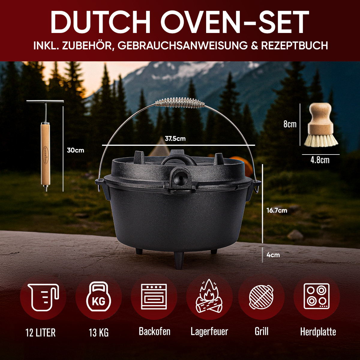 GUSSKÖNIG 12 Liter Dutch Oven Set mit Füßen mit 2in1 Deckelheber von GUSSKÖNIG