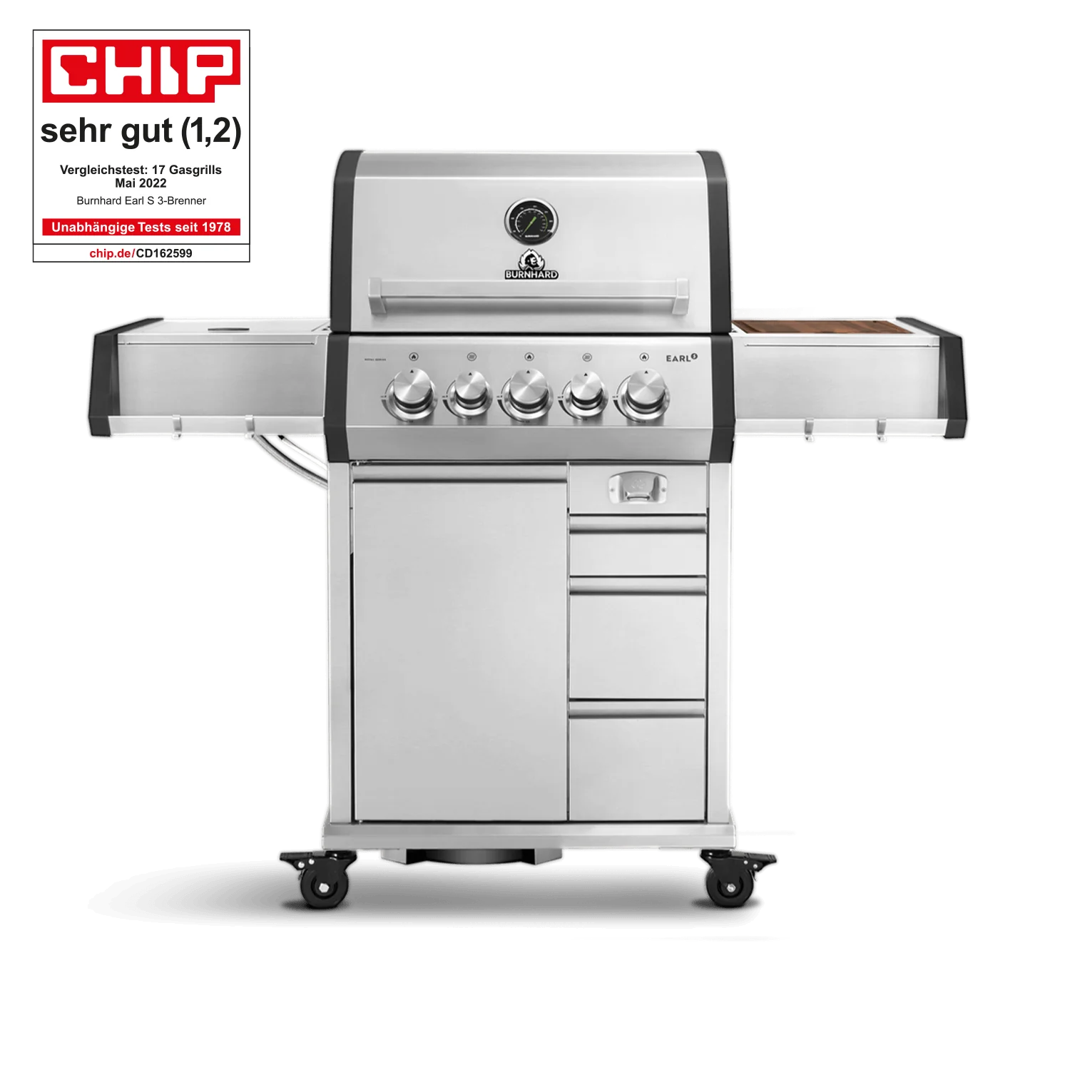 BURNHARD EARL Premium-Gasgrill 3-Brenner in der Farbe Edelstahl mit Edelstahlrost