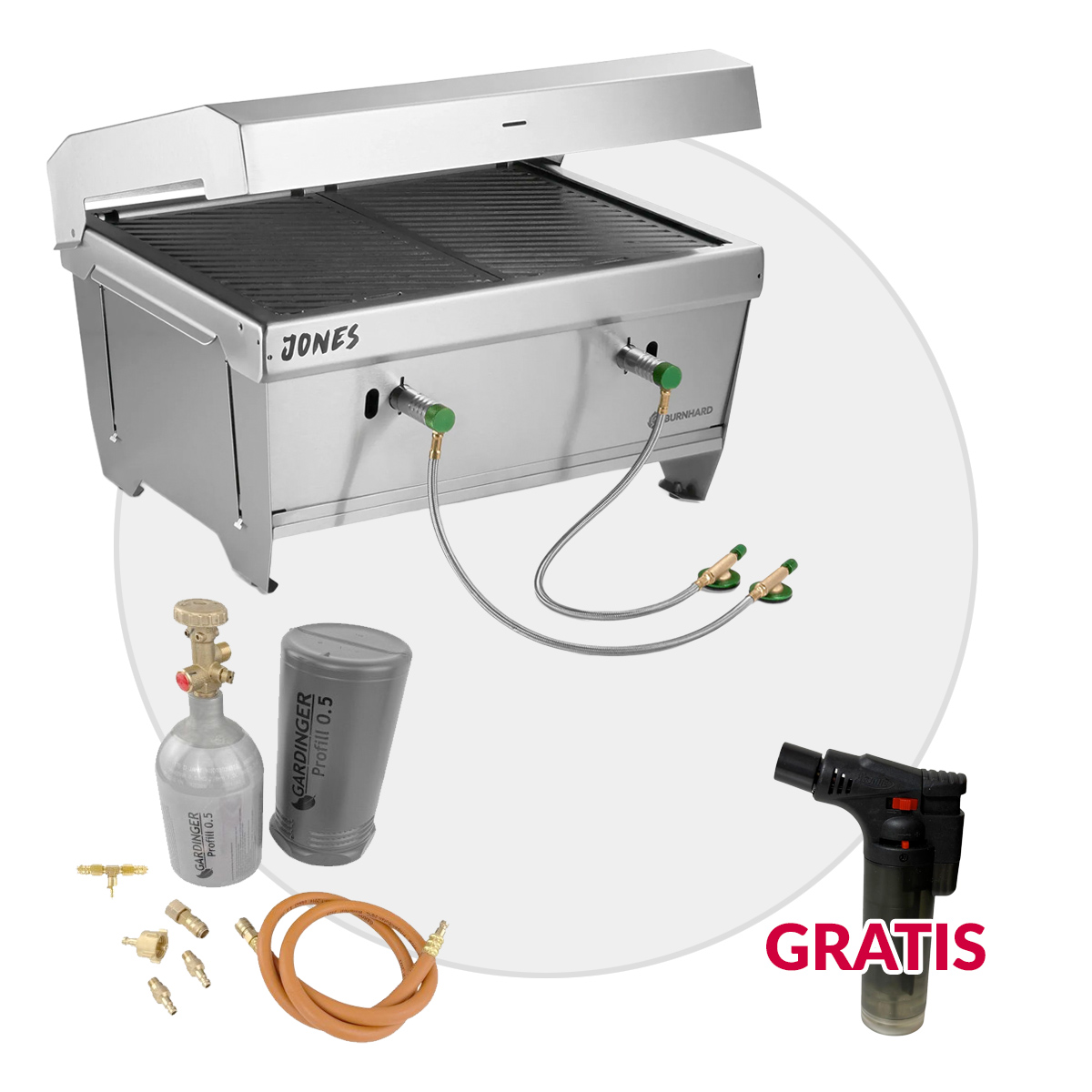 BURNHARD JONES Campinggrill 2 Brenner + Profill 0.5 DUO Gasflaschen Bundle