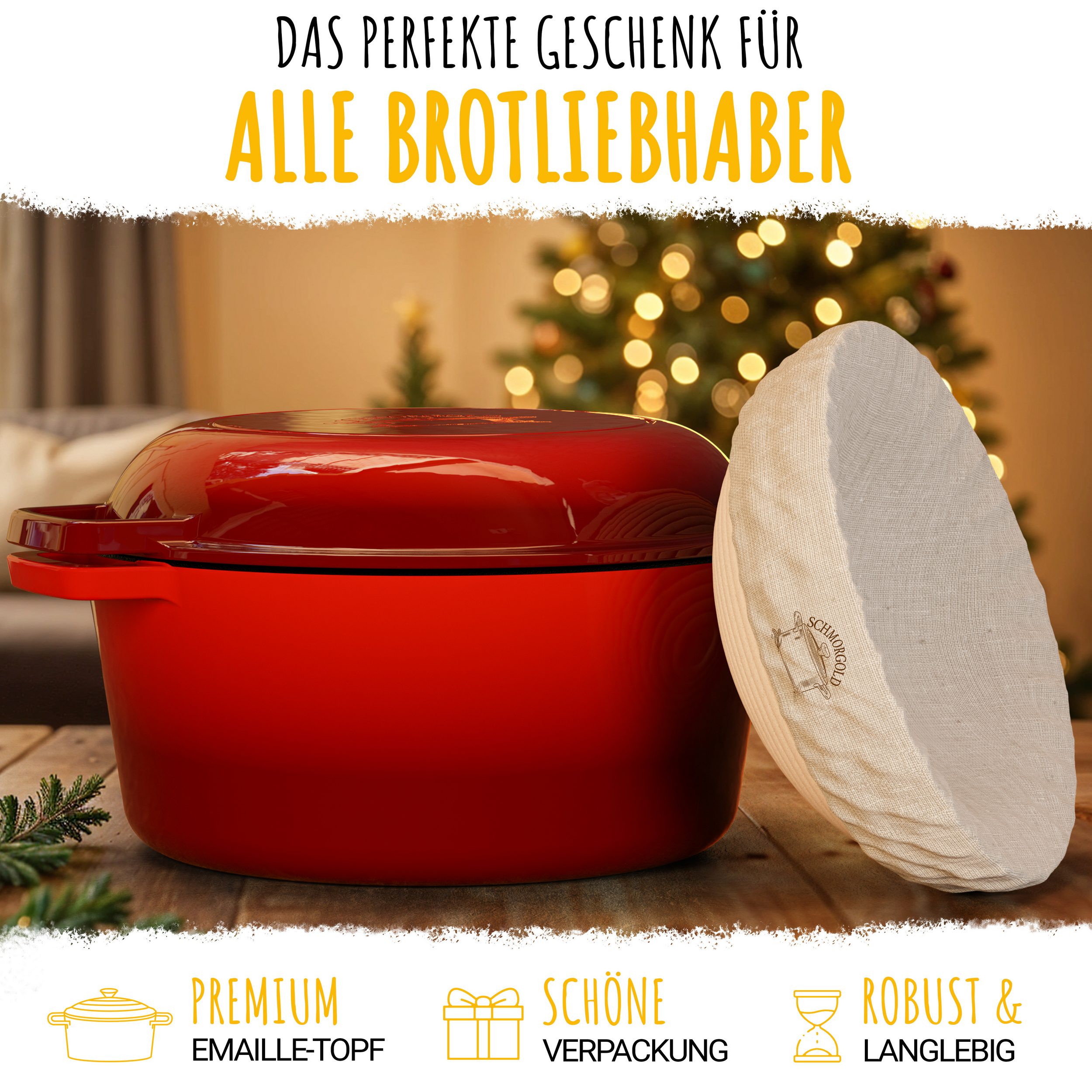 SCHMORGOLD Brotbacktopf & Schmortopf aus emailliertem Gusseisen & Gärkorb - 26 cm grifflos von SCHMORGOLD