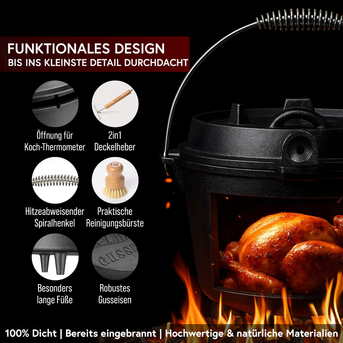GUSSKÖNIG 12 Liter Dutch Oven Set mit Füßen mit 2in1 Deckelheber von GUSSKÖNIG