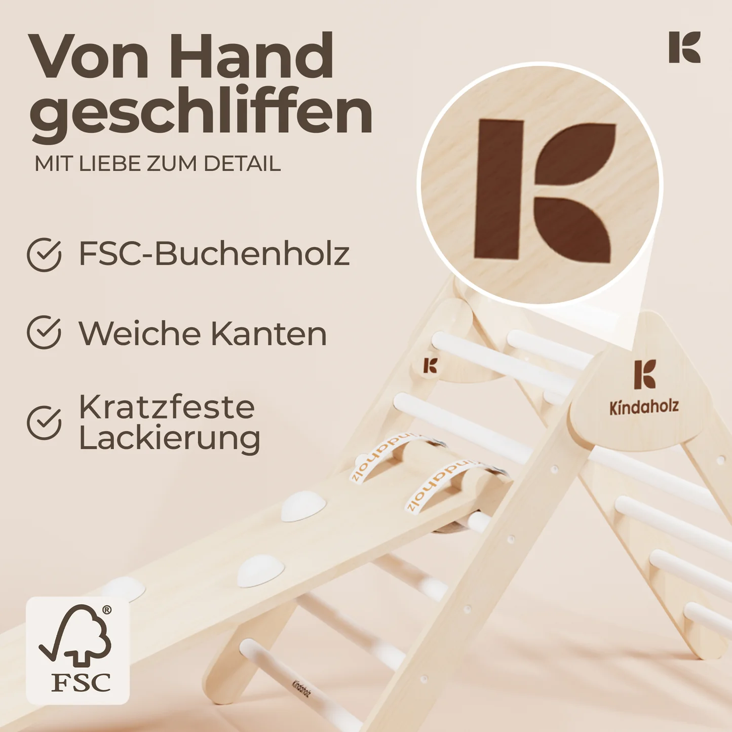 Kindaholz SAMI Kletterdreieck mit NOAH Rutschrampe Weiß Indoor Kletterset aus FSC Holz von Kindaholz