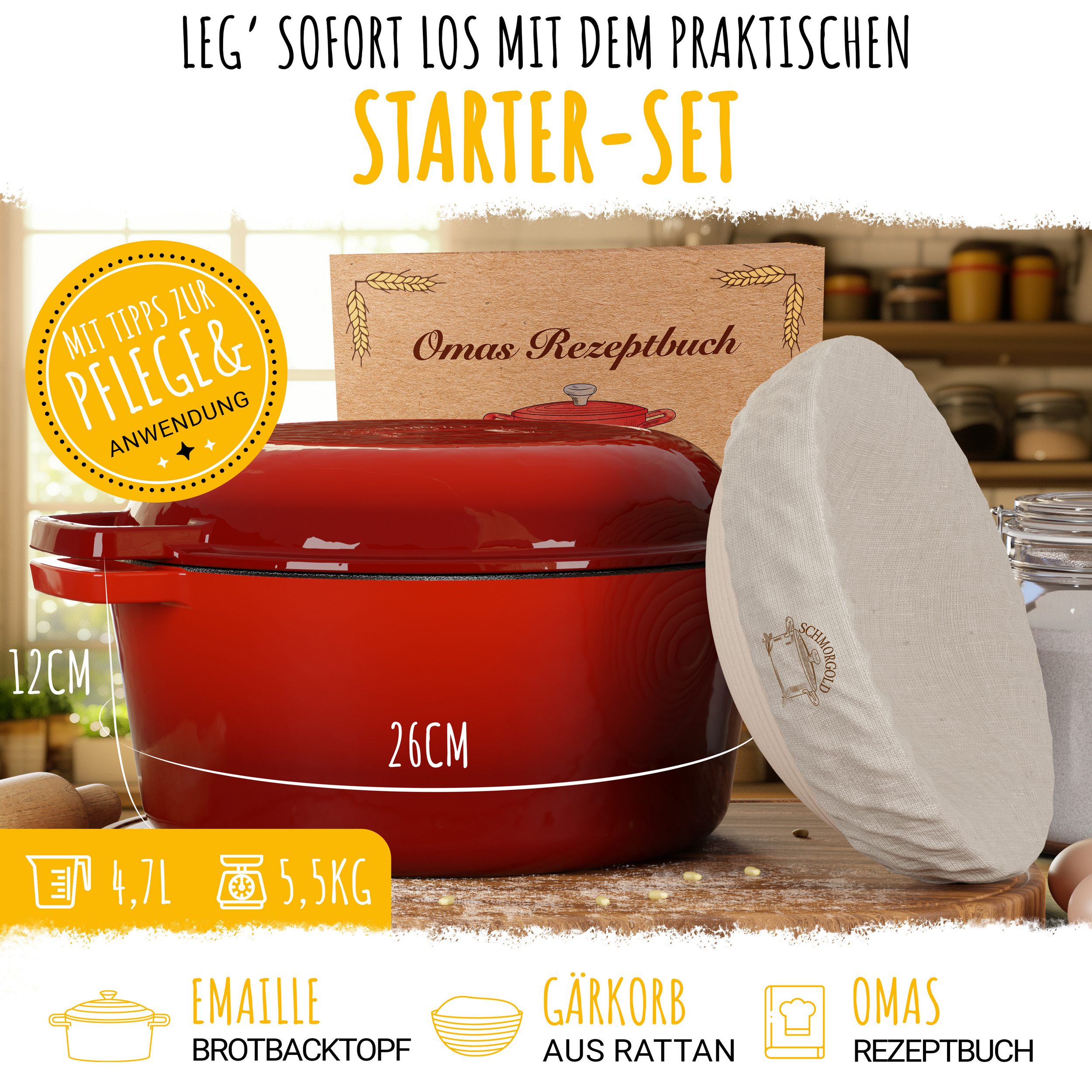 SCHMORGOLD Brotbacktopf & Schmortopf aus emailliertem Gusseisen & Gärkorb - 26 cm grifflos von SCHMORGOLD