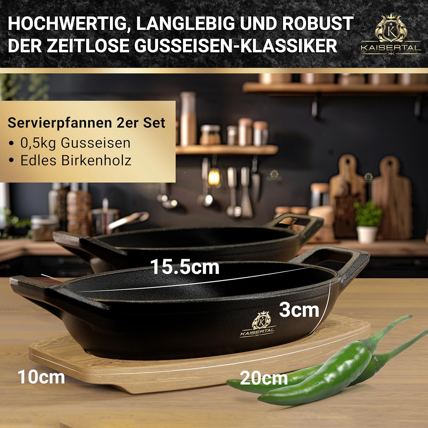 KAISERTAL 2er Set Servierpfanne Gusseisen Oval 15x10 cm - Pfanne mit 2 Griffen & Holzuntersetzer von KAISERTAL