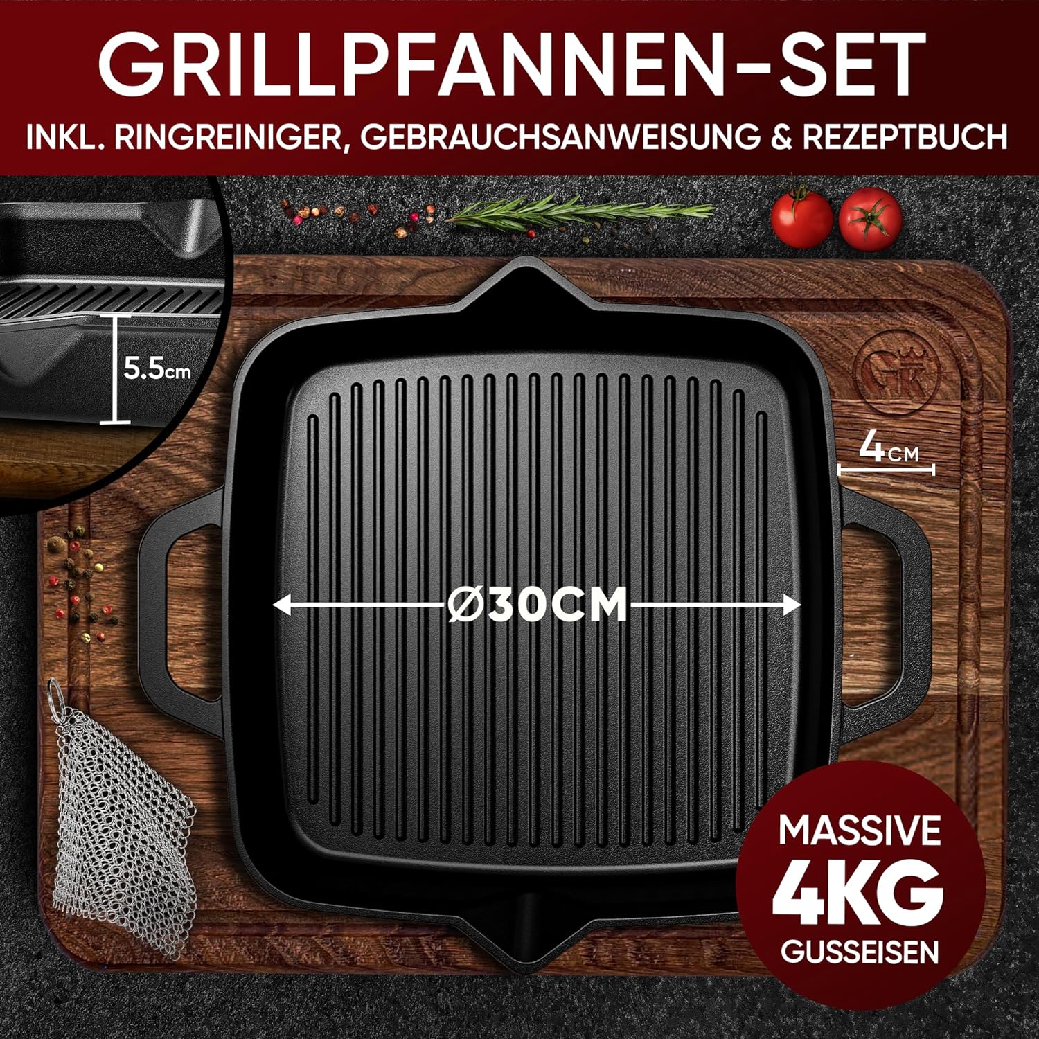 GUSSKÖNIG 30cm quadratische Gusseisenpfanne Pfanne Gusseisen - Grillpfanne Induktion von GUSSKÖNIG