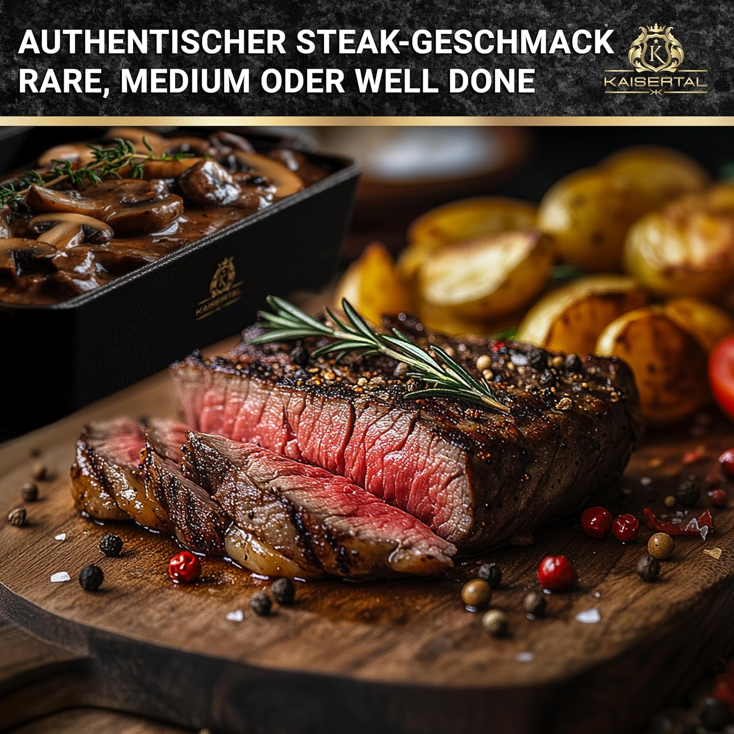 KAISERTAL Servierpfanne Gusseisen Quadratisch 16x11 cm - Pfanne mit 2 Griffen & Holzuntersetzer von KAISERTAL