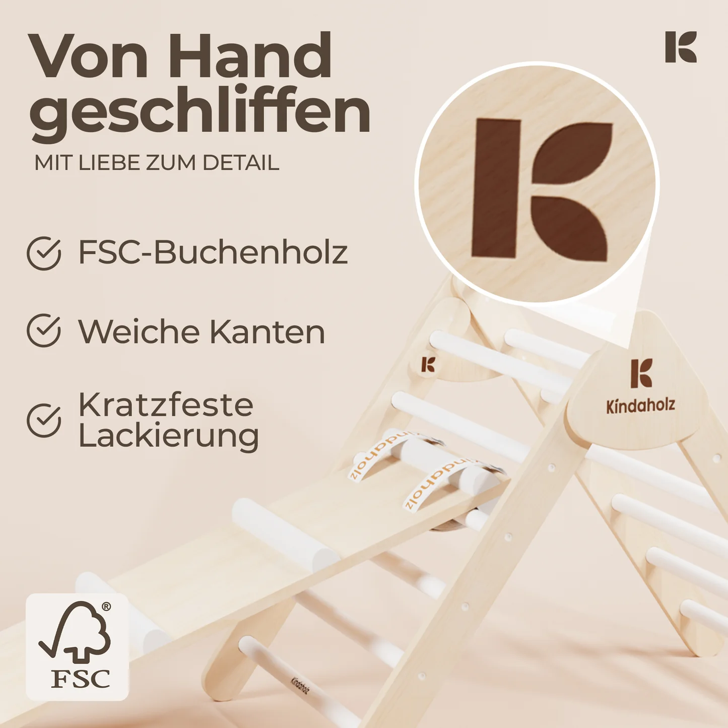 Kindaholz SAMI Kletterdreieck mit MIKA Rutschrampe Weiß Indoor Kletterset aus FSC-Holz von Kindaholz