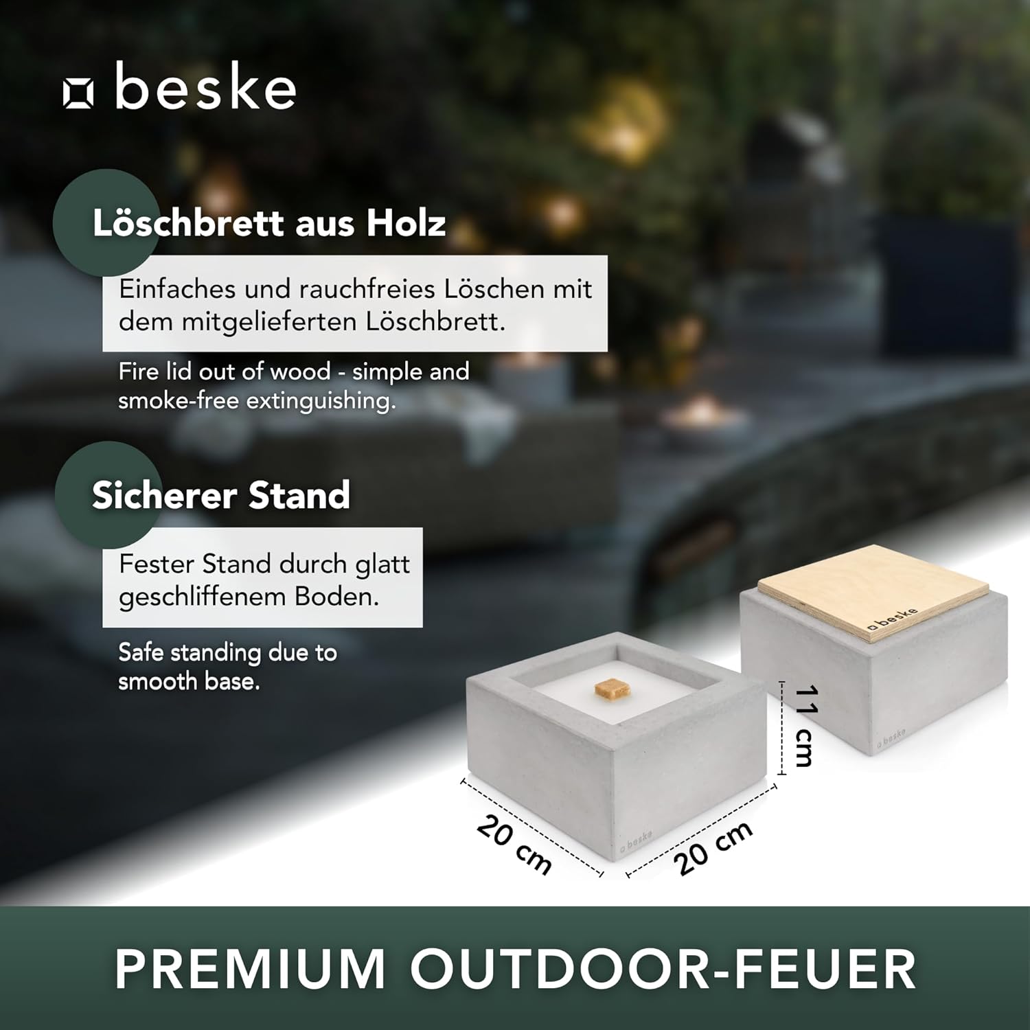 BESKE Betonfeuer Kula Outdoor 20x20x11cm inkl. Löschbrett - HANDARBEIT Made in Germany von Beske-Manufaktur
