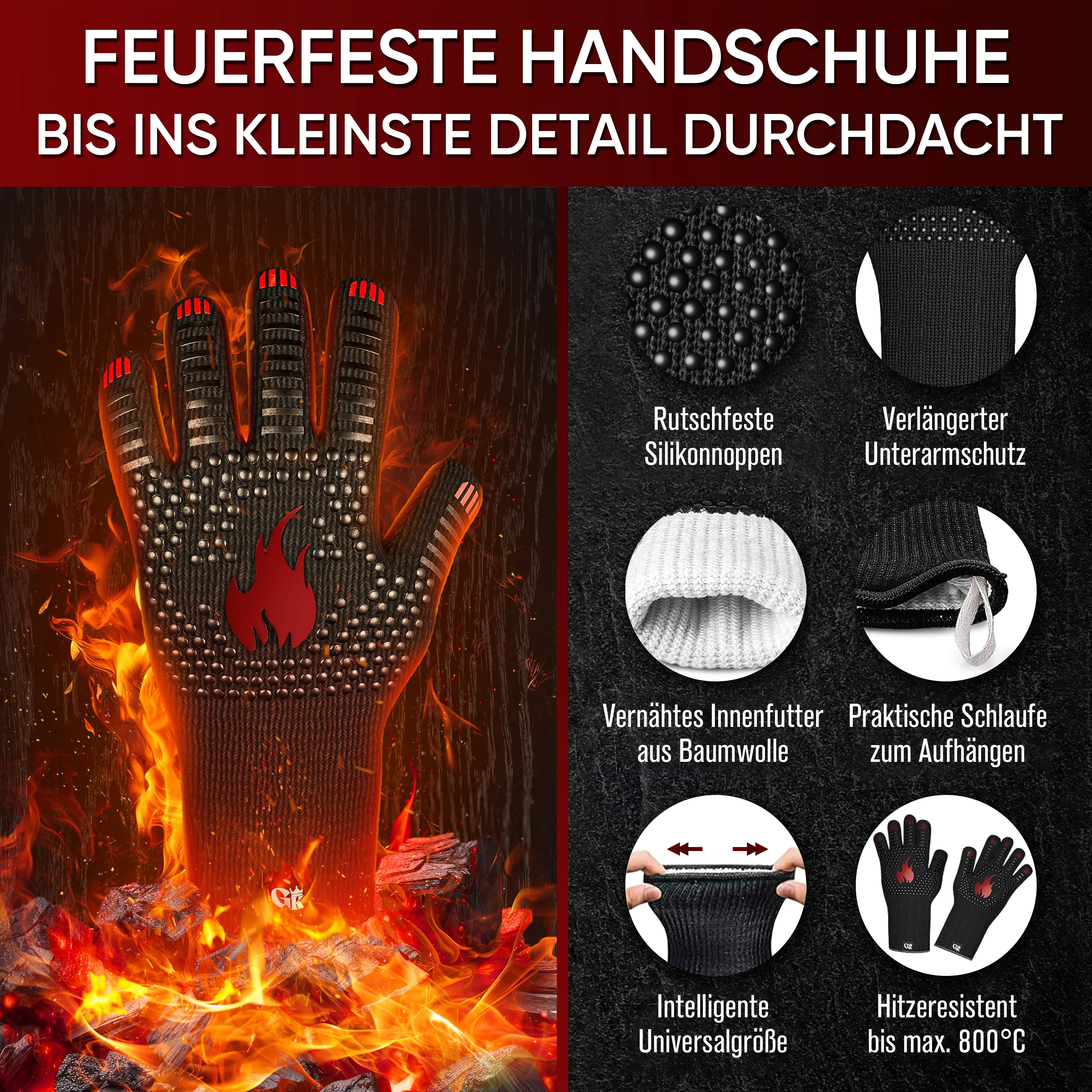 GUSSKÖNIG Größe L Grillhandschuhe hitzebeständig bis 800°C von GUSSKÖNIG
