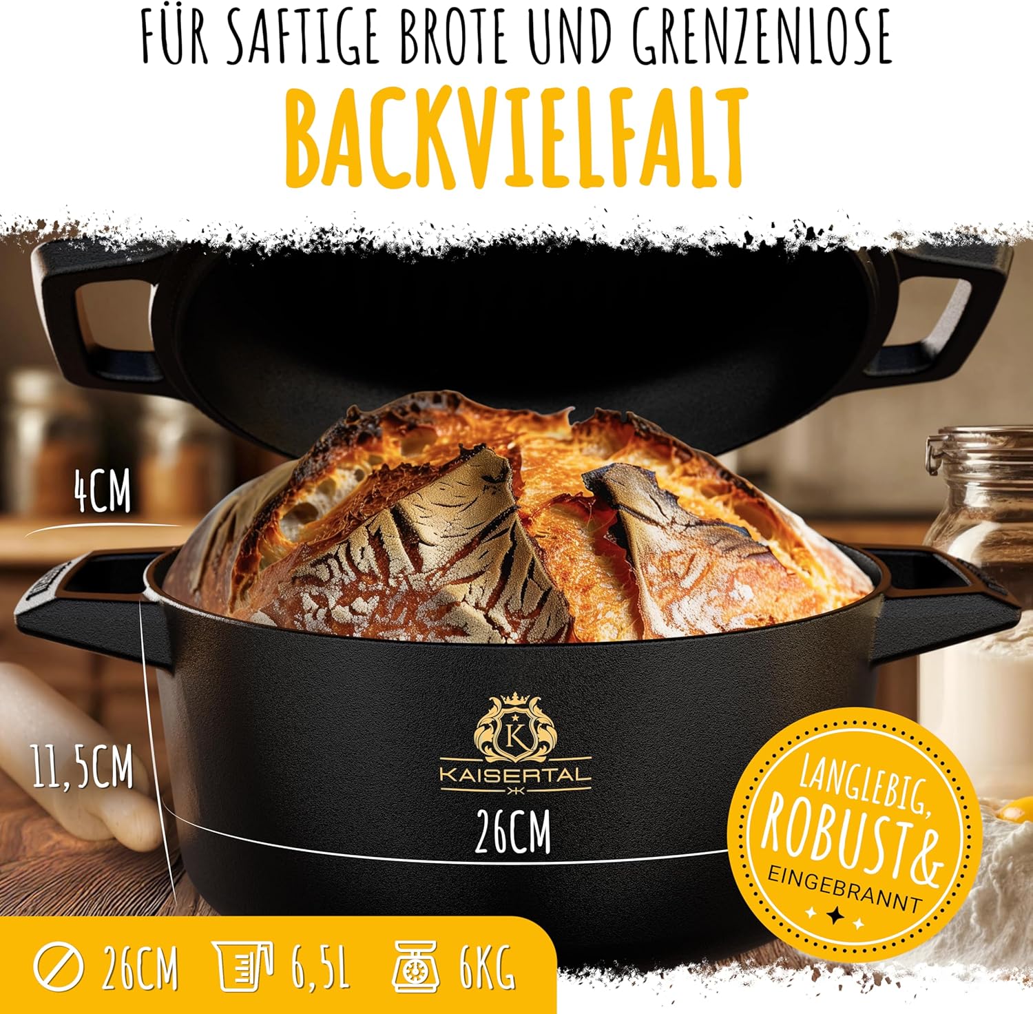 KAISERTAL Gusseisen Brotbackform mit Deckel 26 cm - inkl. Gärkorb von KAISERTAL