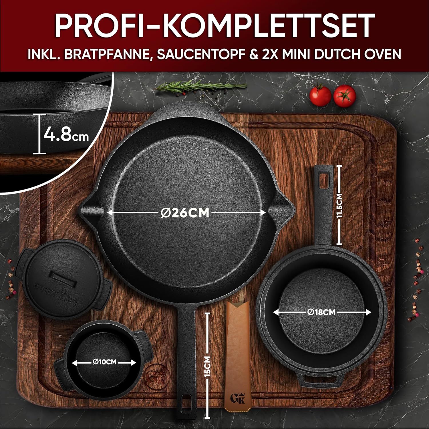 GUSSKÖNIG Dutch Oven Set (L) 13-delig - reeds ingebrande gietijzeren pannenset - braadpan, grillplaat, deksellifter, onderzetter, ringreiniger & greepbescherming